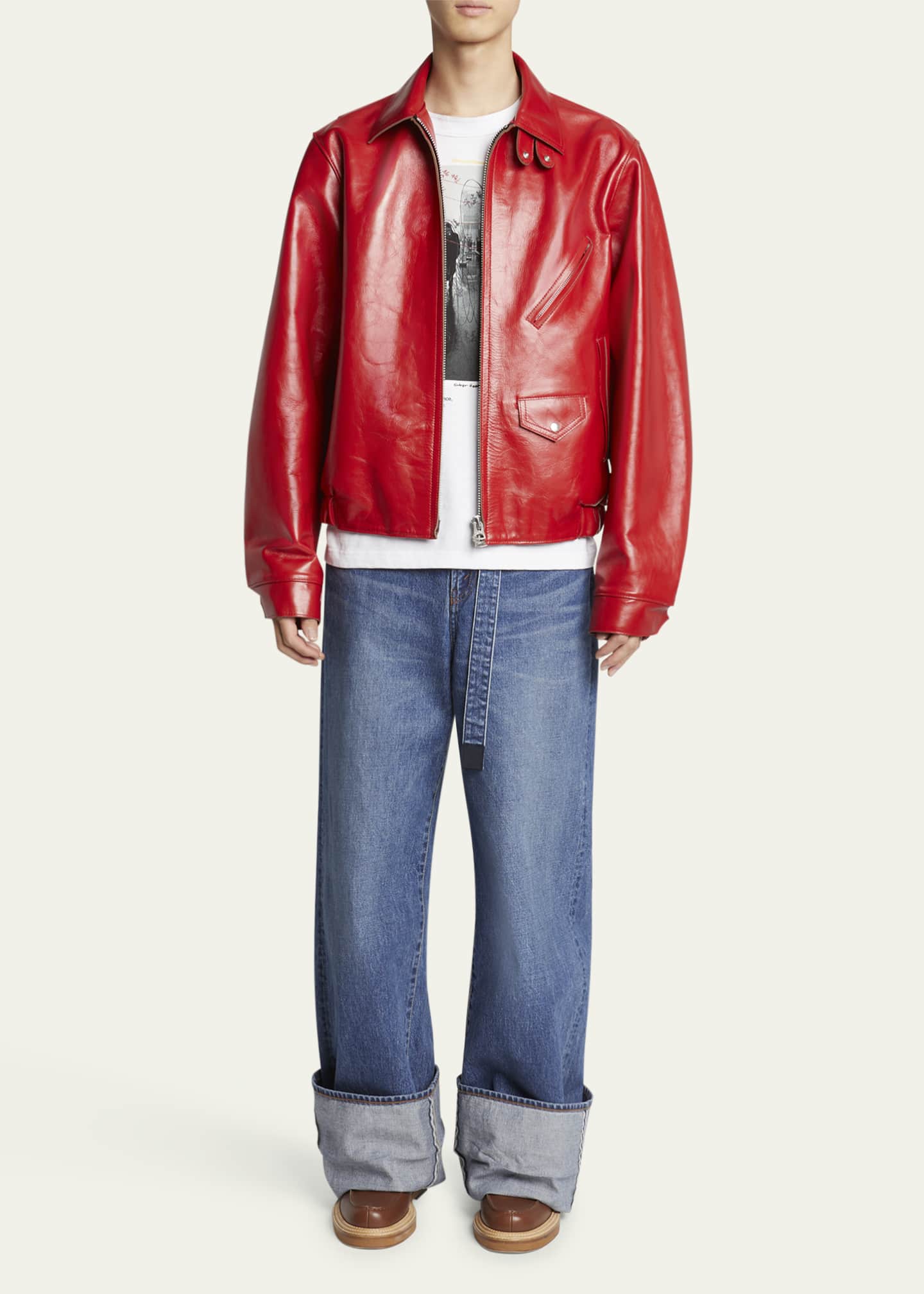 SACAI Men's Shiny Leather Moto Jacket Image 2 of 5