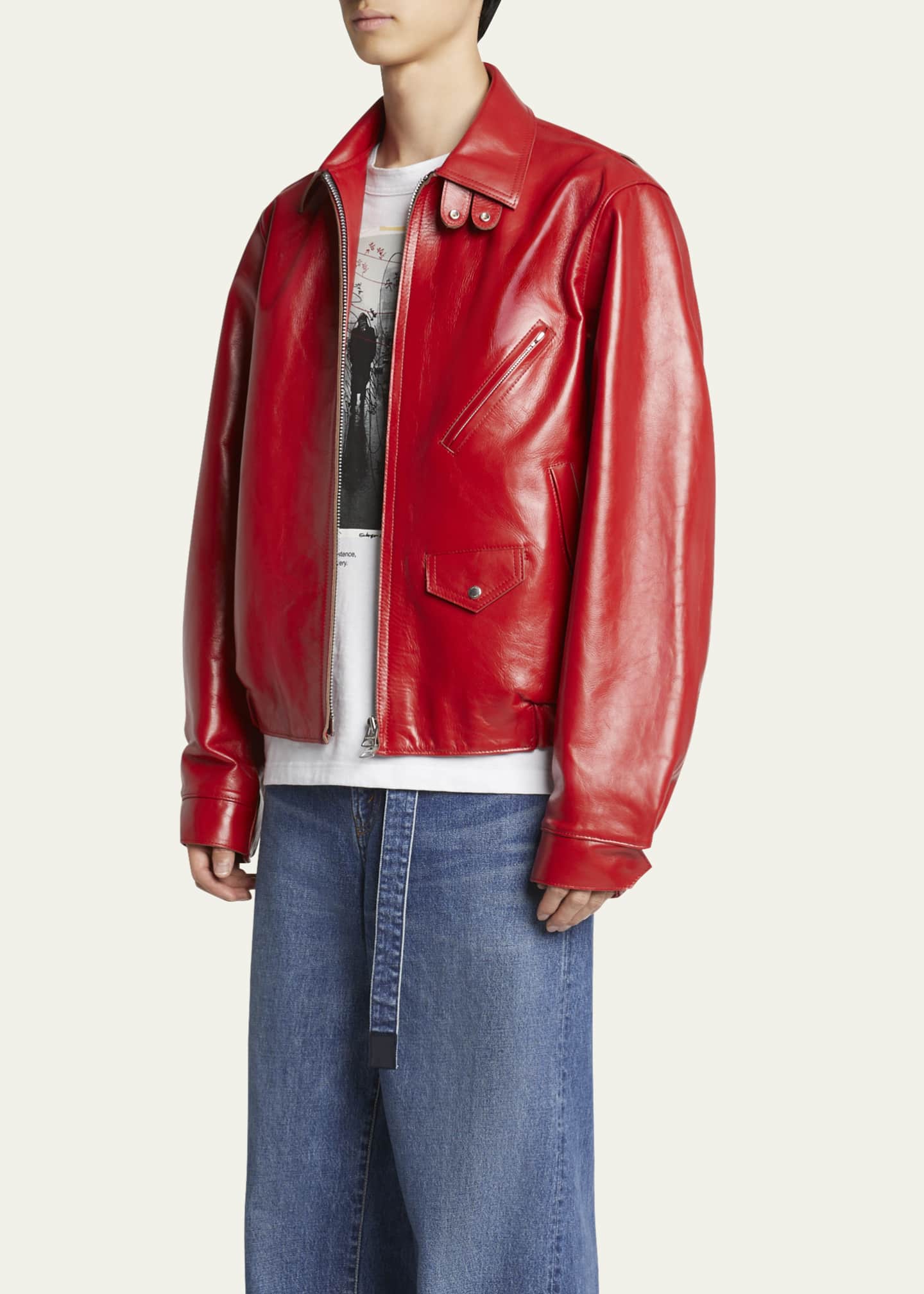 SACAI Men's Shiny Leather Moto Jacket Image 4 of 5