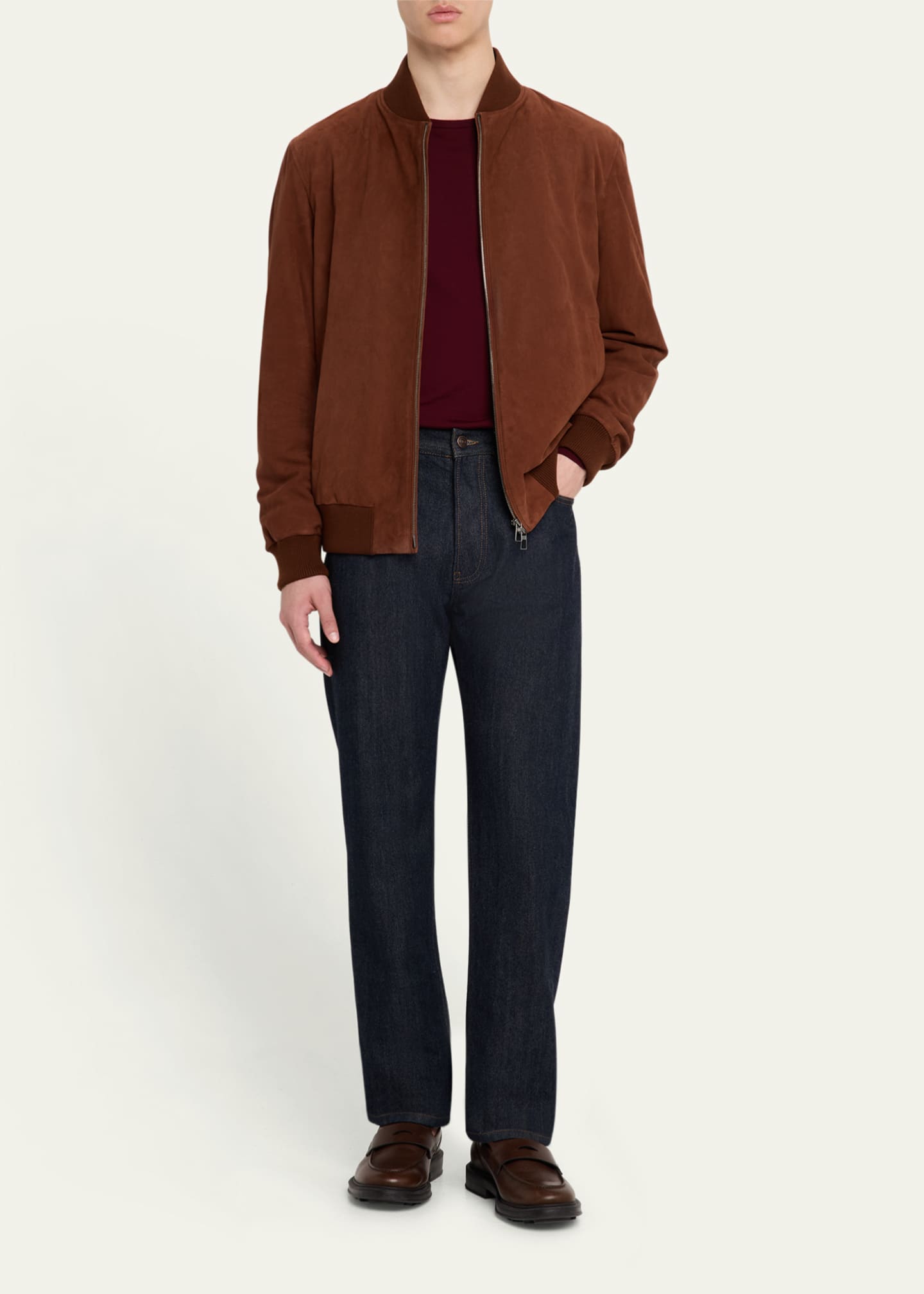 Loro Piana Men's Suede Full-Zip Bomber Jacket Image 2 of 5