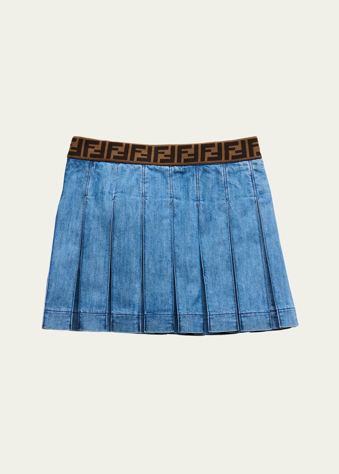 Girl's Pleated Monogram Denim Skirt, Size 8-12