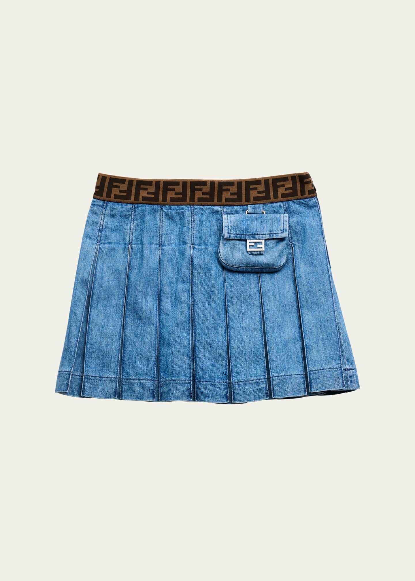Girl's Pleated Monogram Denim Skirt, Size 8-12