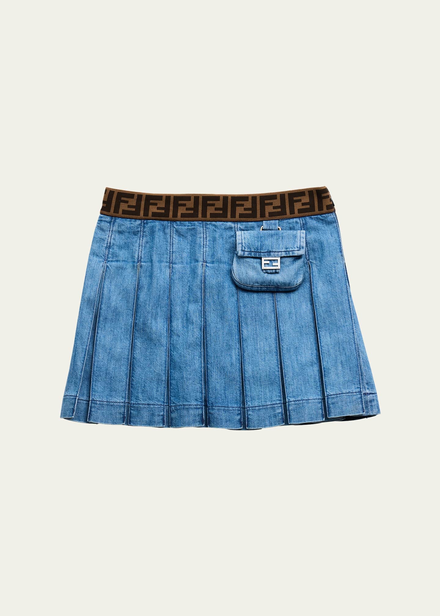 Fendi Girl's Pleated Monogram Denim Skirt, Size 3-6 Image 1 of 3