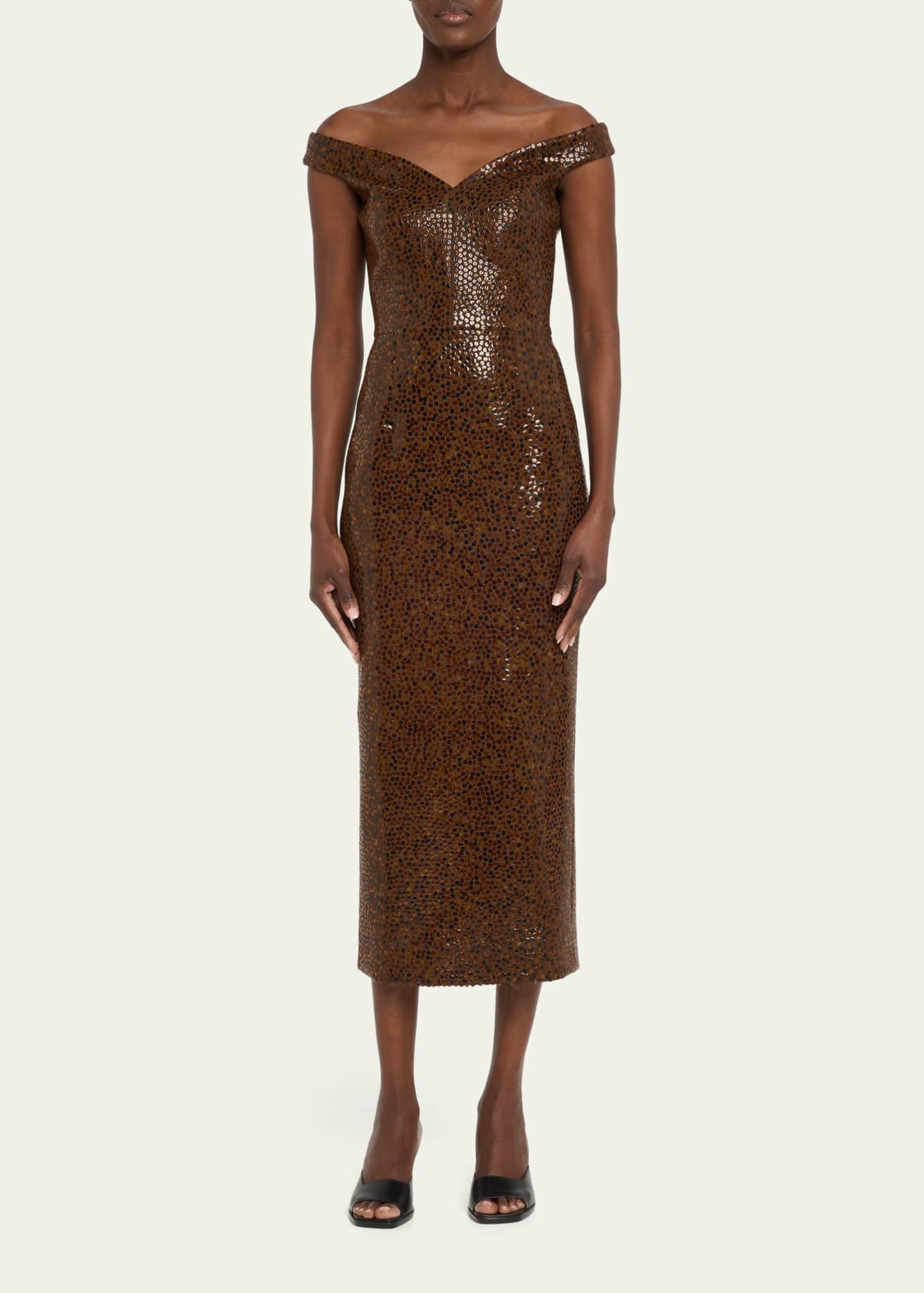 Michael Kors Collection Hand Embellished Faux Tortoise Off-the-Shoulder Sheath Dress Image 2 of 5