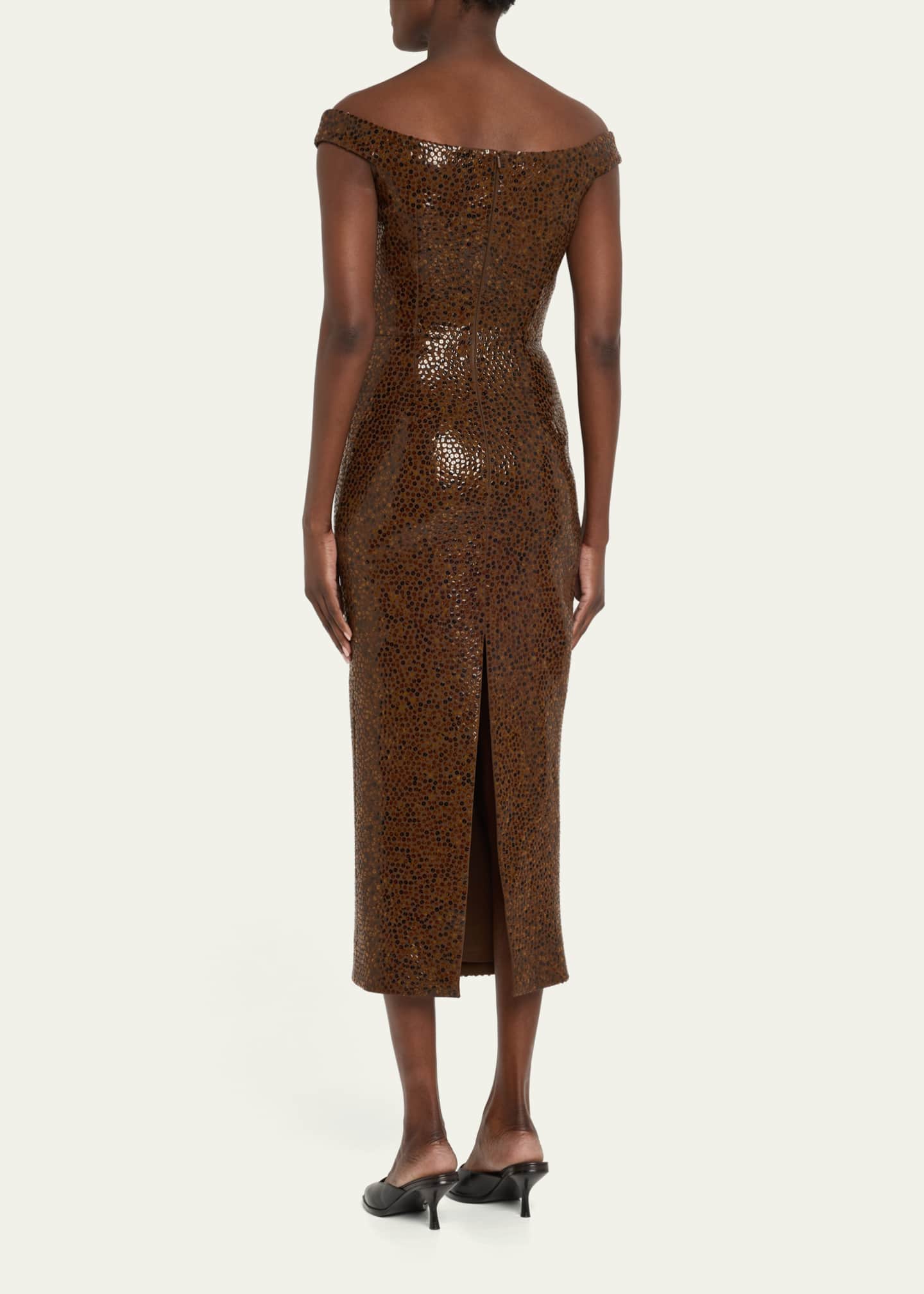 Michael Kors Collection Hand Embellished Faux Tortoise Off-the-Shoulder Sheath Dress Image 3 of 5