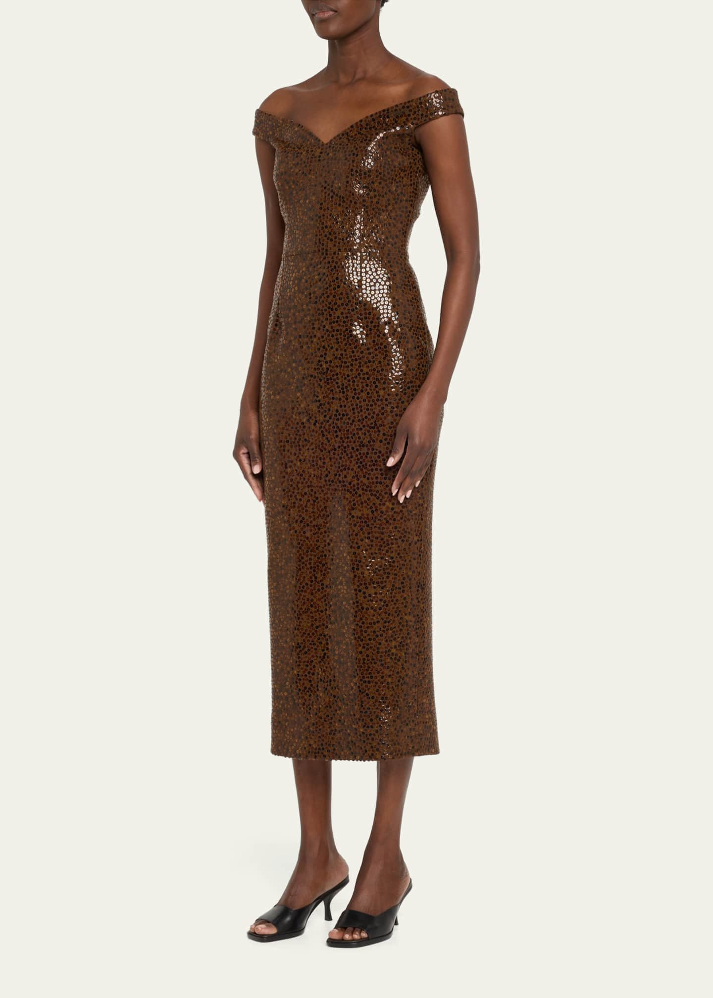 Michael Kors Collection Hand Embellished Faux Tortoise Off-the-Shoulder Sheath Dress Image 4 of 5