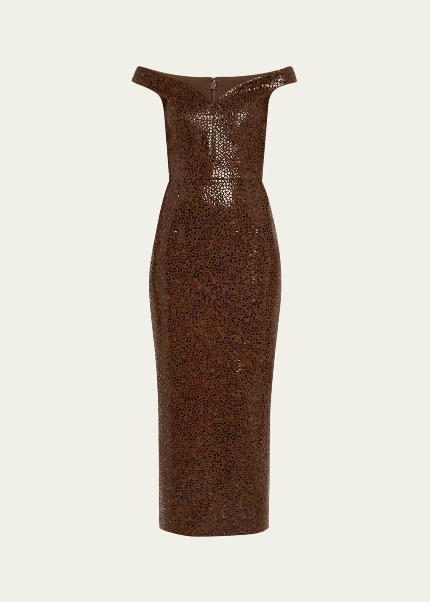 Michael Kors Collection Hand Embellished Faux Tortoise Off-the-Shoulder Sheath Dress Image 1 of 5