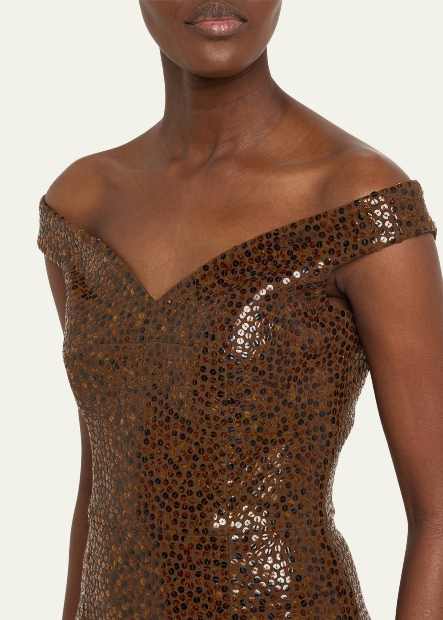 Michael Kors Collection Hand Embellished Faux Tortoise Off-the-Shoulder Sheath Dress Image 5 of 5