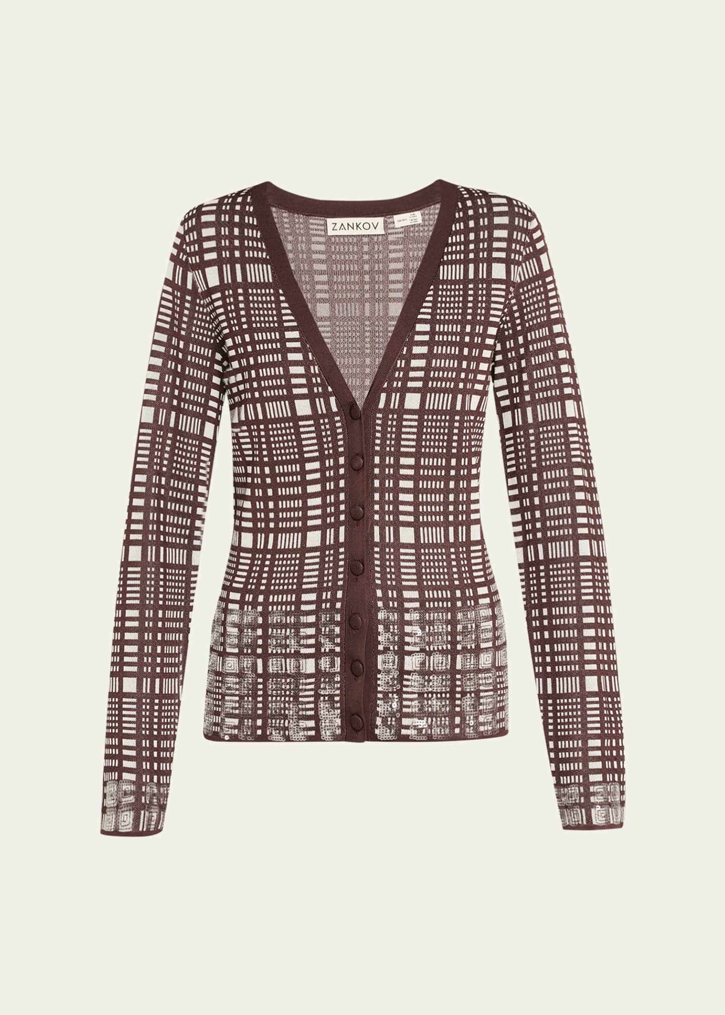 ZANKOV Elise Sequined Check V-Neck Cardigan Image 1 of 5