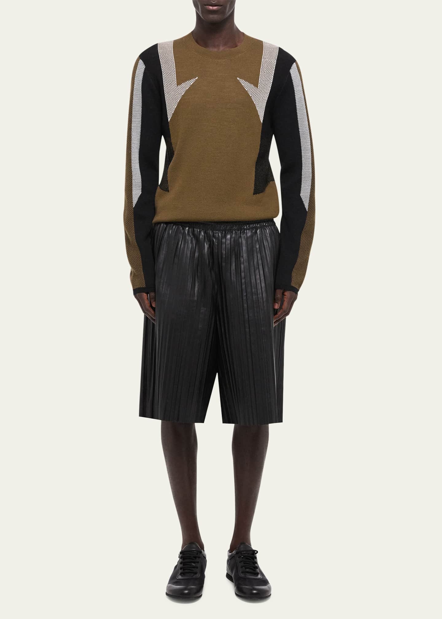 Helmut Lang Men's Pleated Leather Pull-On Shorts Image 2 of 5