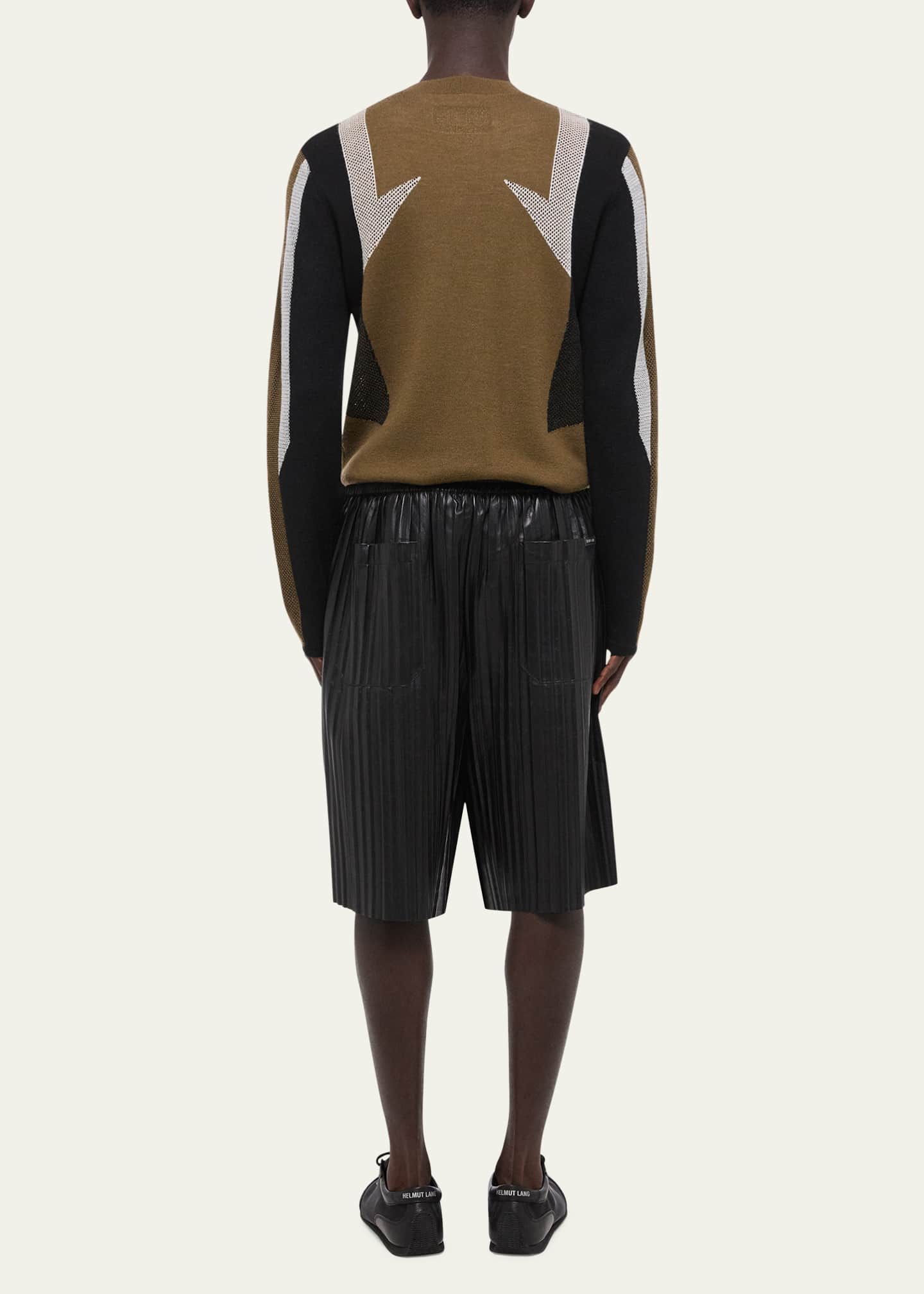 Helmut Lang Men's Pleated Leather Pull-On Shorts Image 3 of 5