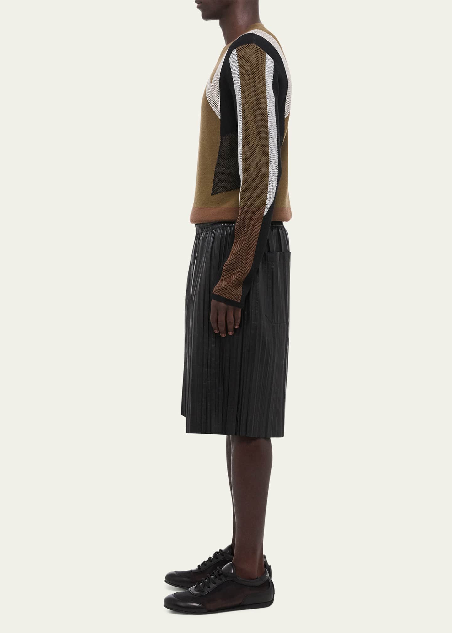 Helmut Lang Men's Pleated Leather Pull-On Shorts Image 4 of 5