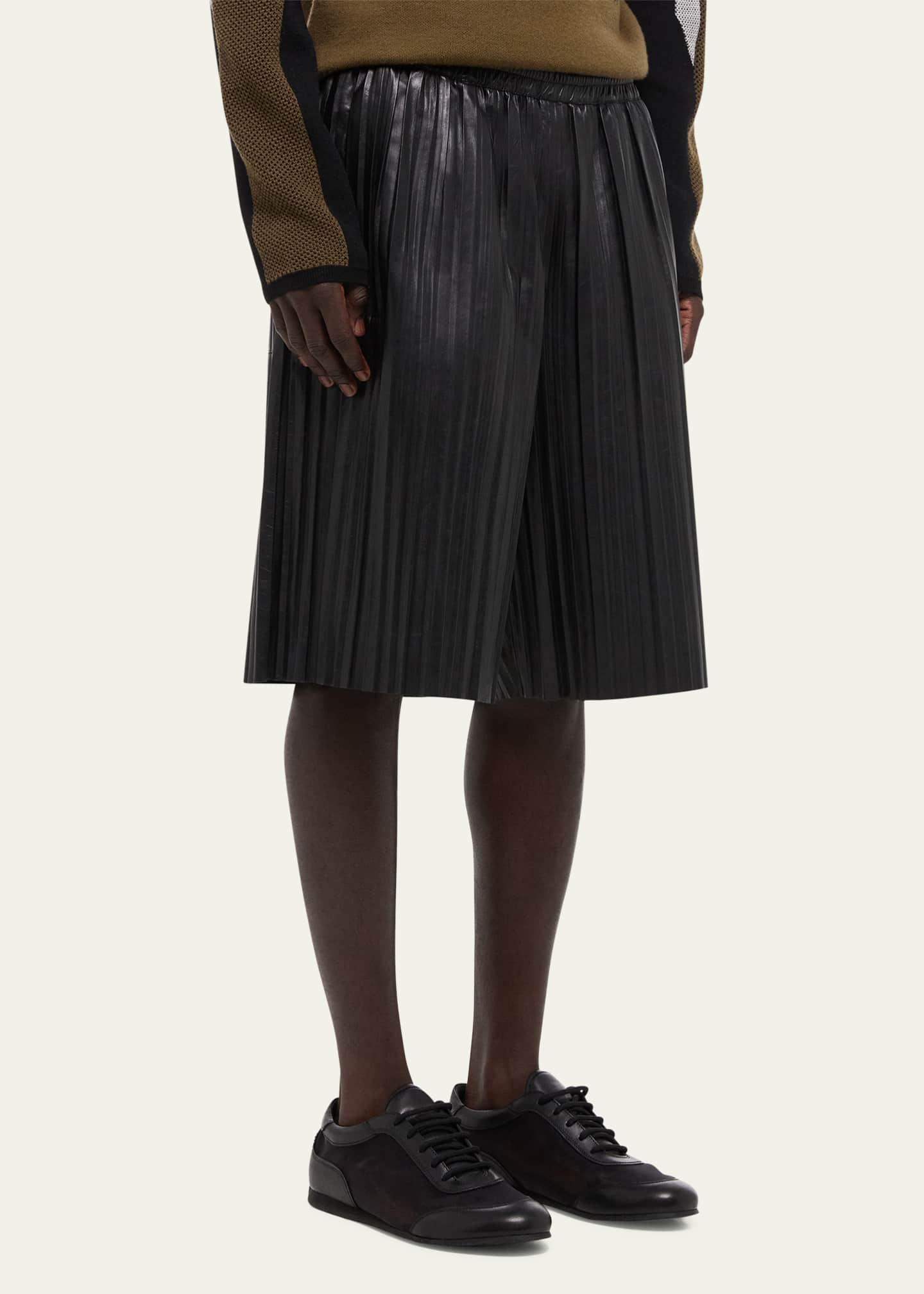 Helmut Lang Men's Pleated Leather Pull-On Shorts Image 5 of 5
