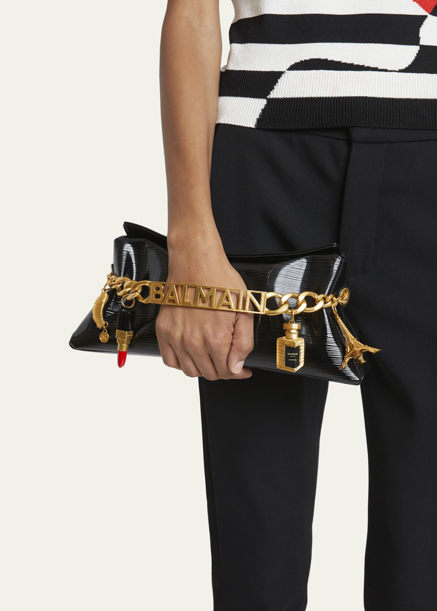 Balmain 1945 Pouch Clutch Bag in Striped Patent Leather with Charms Image 2 of 6