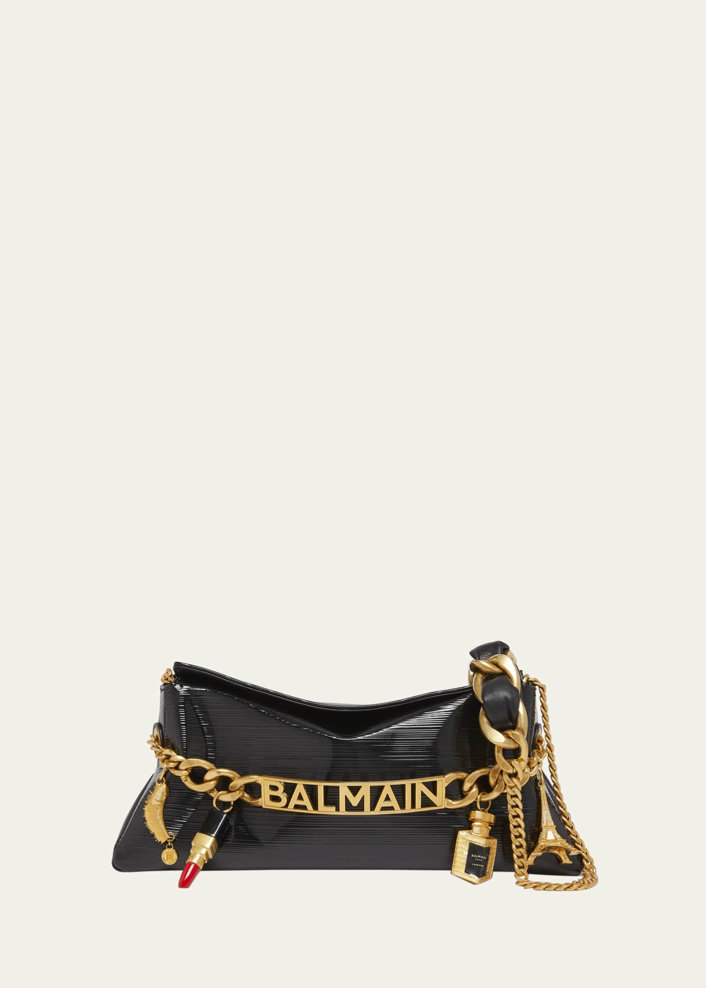 Balmain 1945 Pouch Clutch Bag in Striped Patent Leather with Charms Image 1 of 6