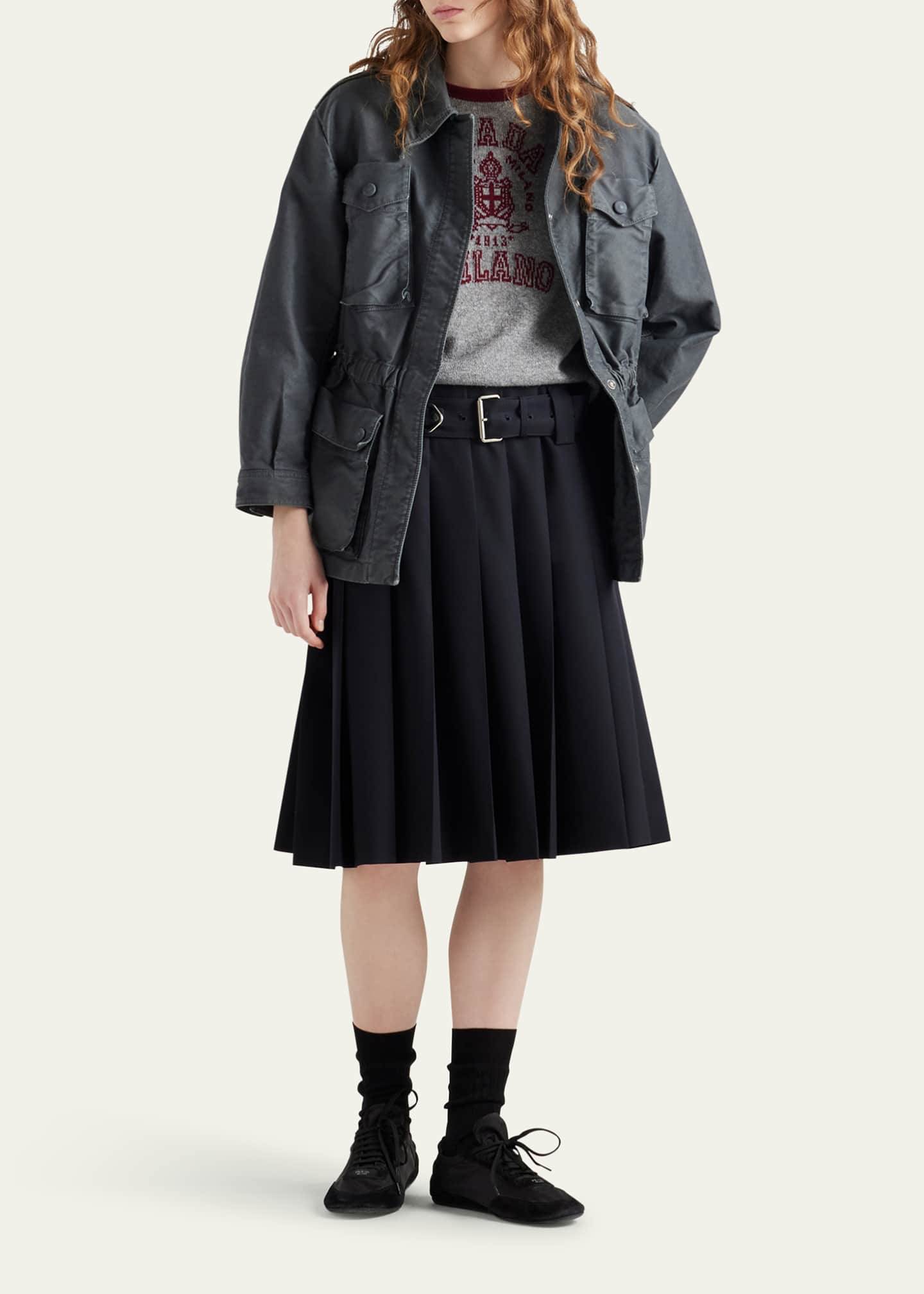 Prada Pleated Wool Belted Skirt Image 2 of 4
