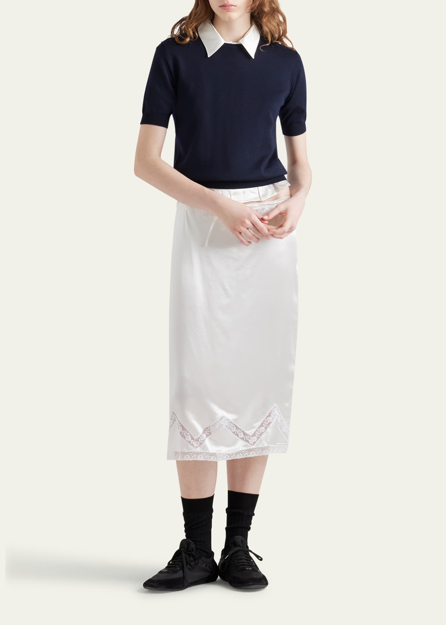 Prada Drawstring Lace Trim Satin Midi Skirt Image 2 of 4