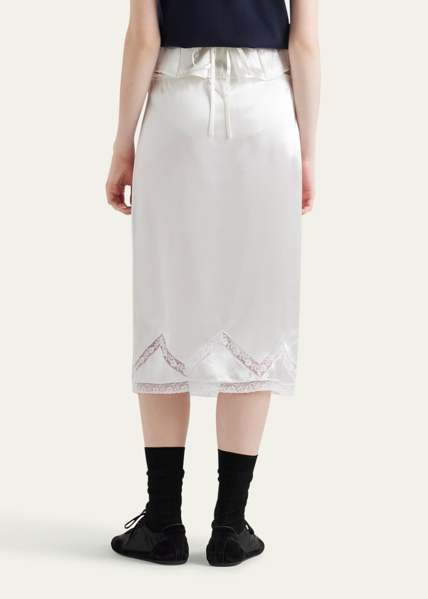 Prada Drawstring Lace Trim Satin Midi Skirt Image 3 of 4