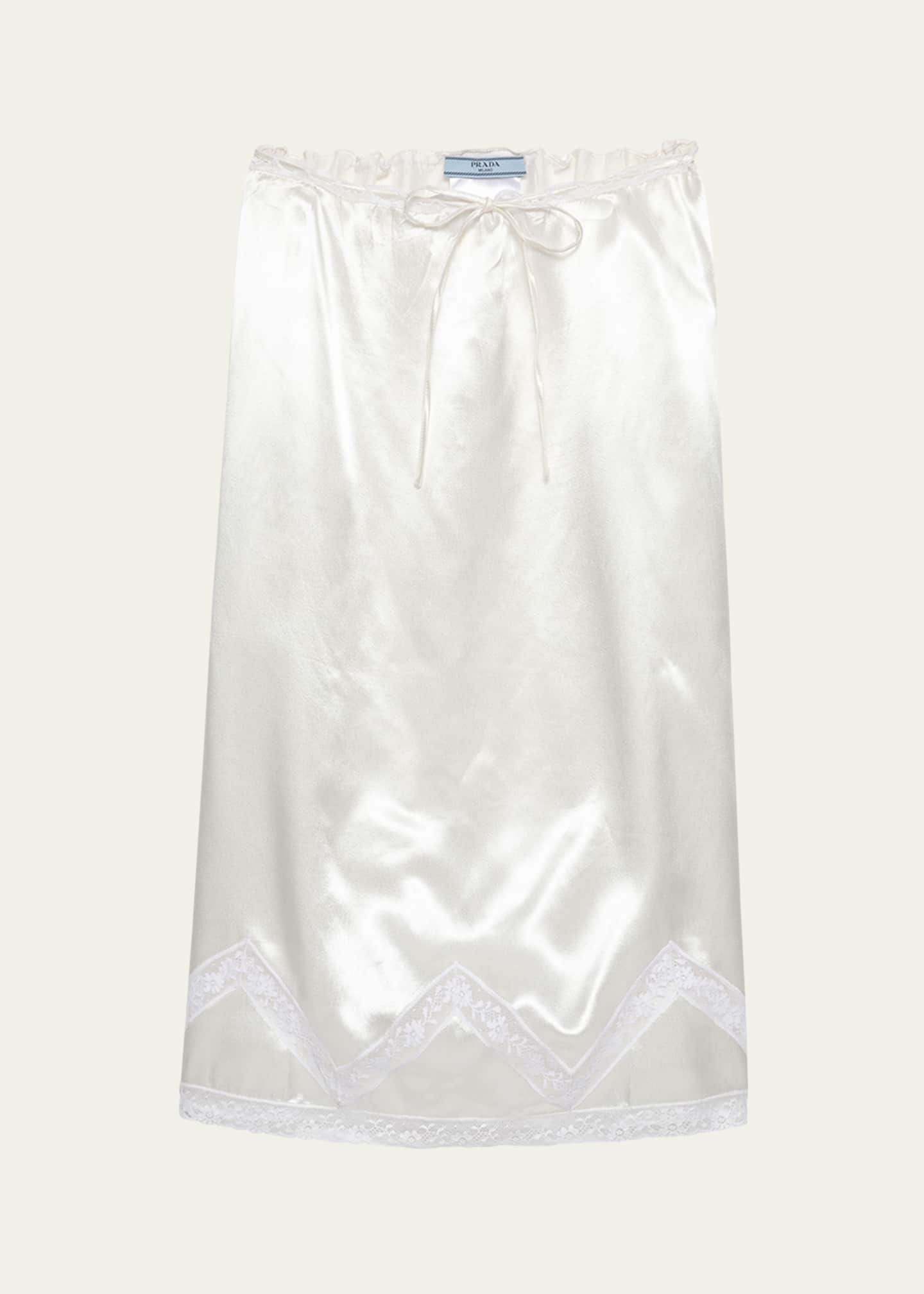 Prada Drawstring Lace Trim Satin Midi Skirt Image 1 of 4