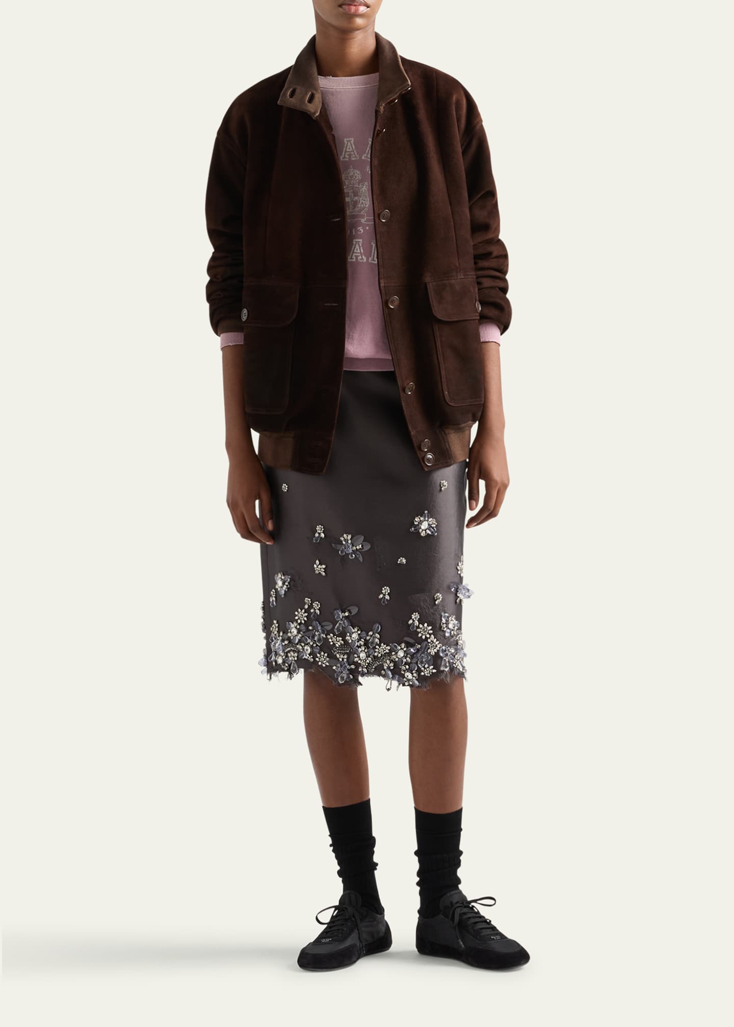 Prada Crystal Distressed Wool Midi Skirt - Bergdorf Goodman