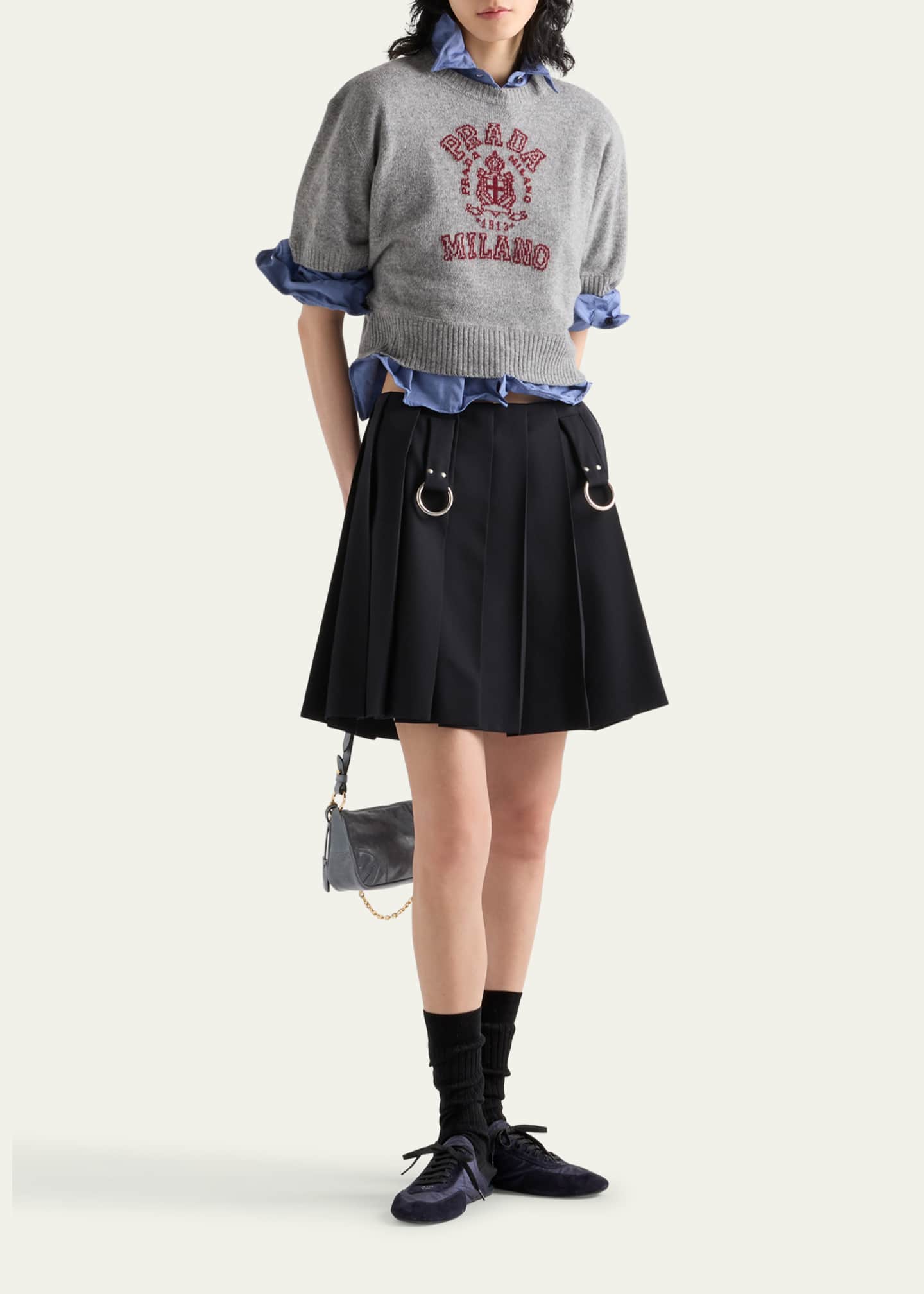 Prada Pleated Metal Ring Mini Wool Skirt Image 2 of 3
