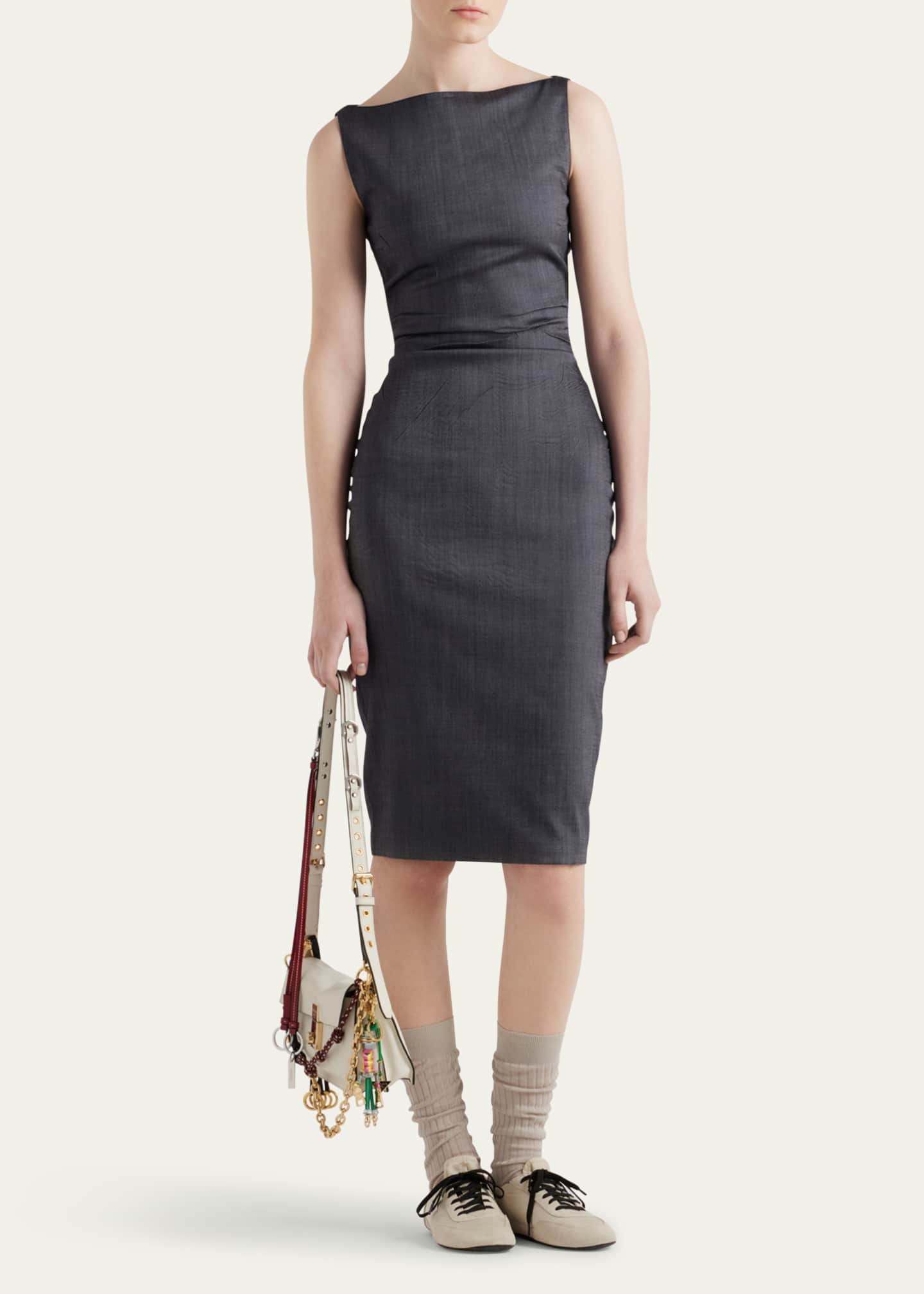 Prada Draped Boat-Neck Kid Mohair Midi Dress Image 2 of 4