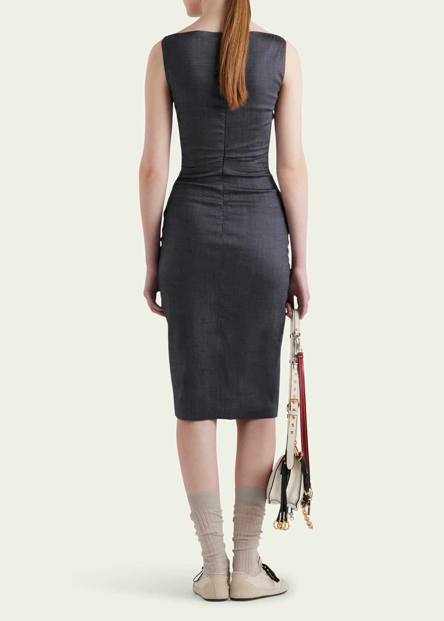 Prada Draped Boat-Neck Kid Mohair Midi Dress Image 3 of 4