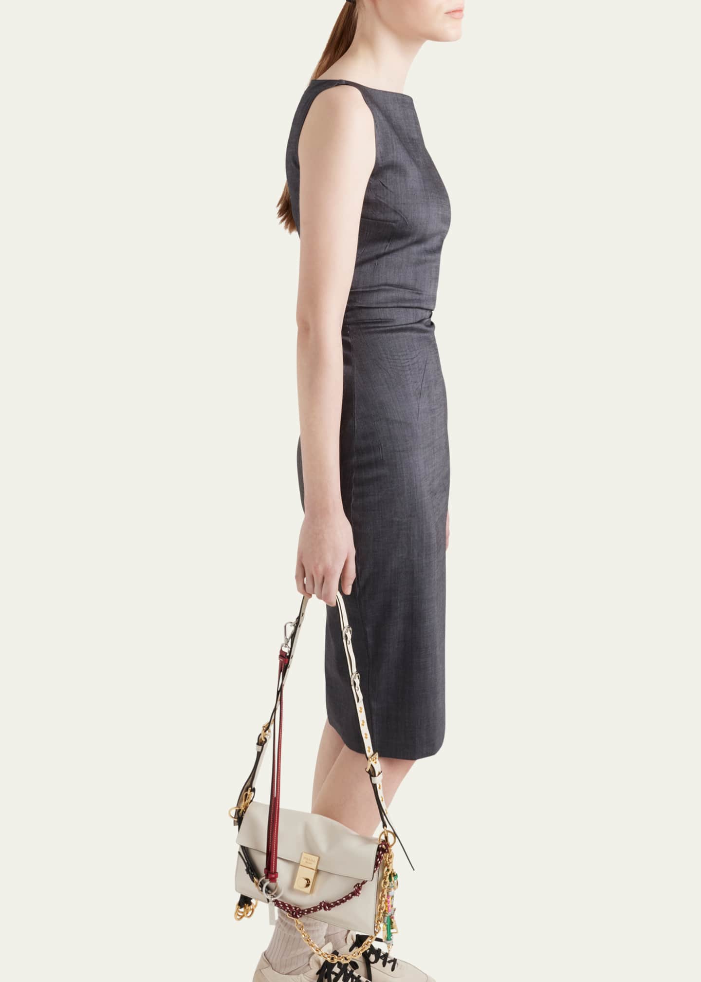 Prada Draped Boat-Neck Kid Mohair Midi Dress Image 4 of 4