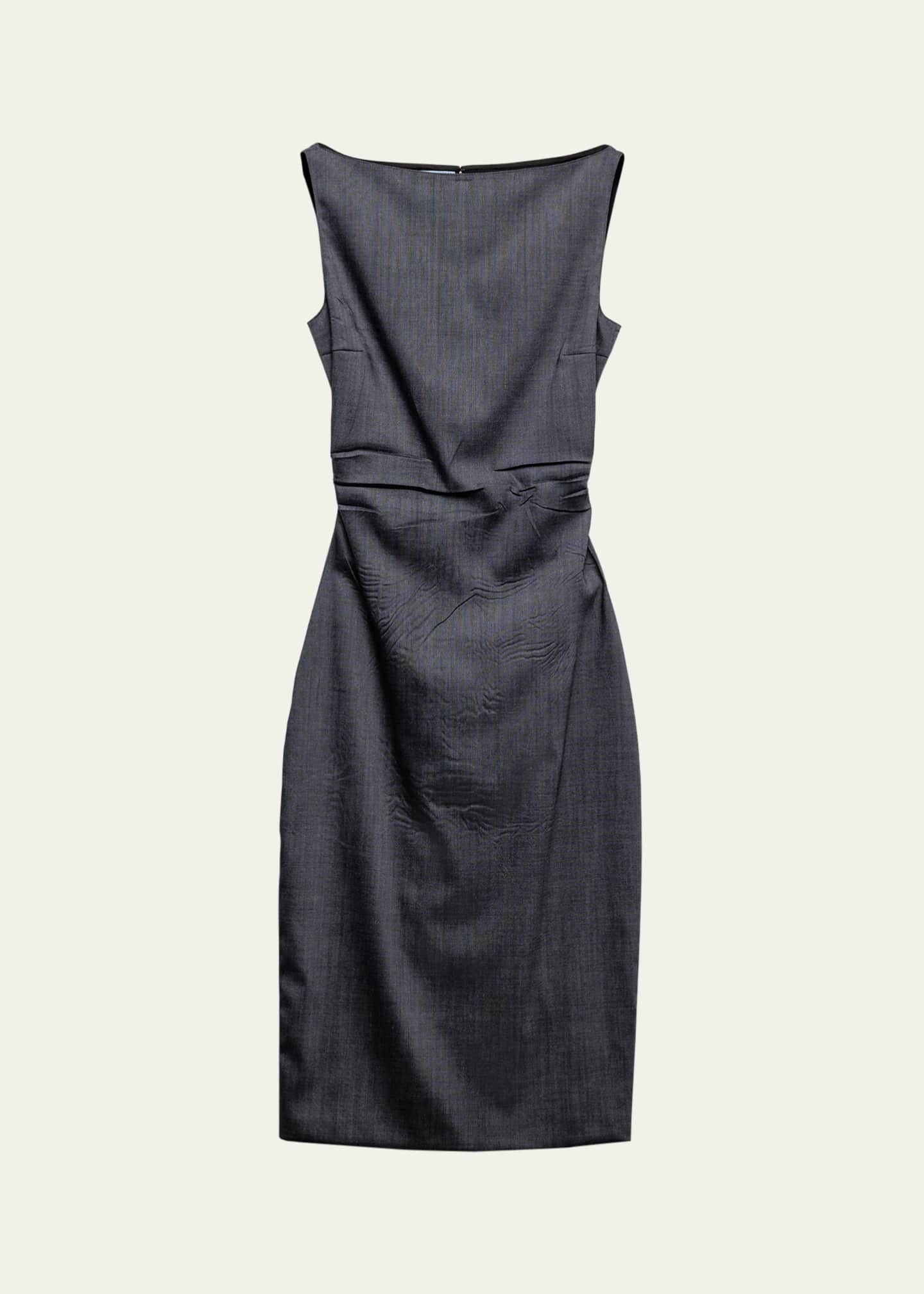 Prada Draped Boat-Neck Kid Mohair Midi Dress Image 1 of 4