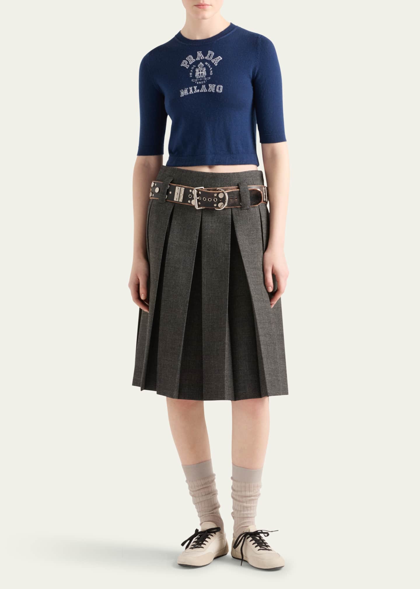 Prada Intarsia Logo Short-Sleeve Cashmere Sweater Image 2 of 5