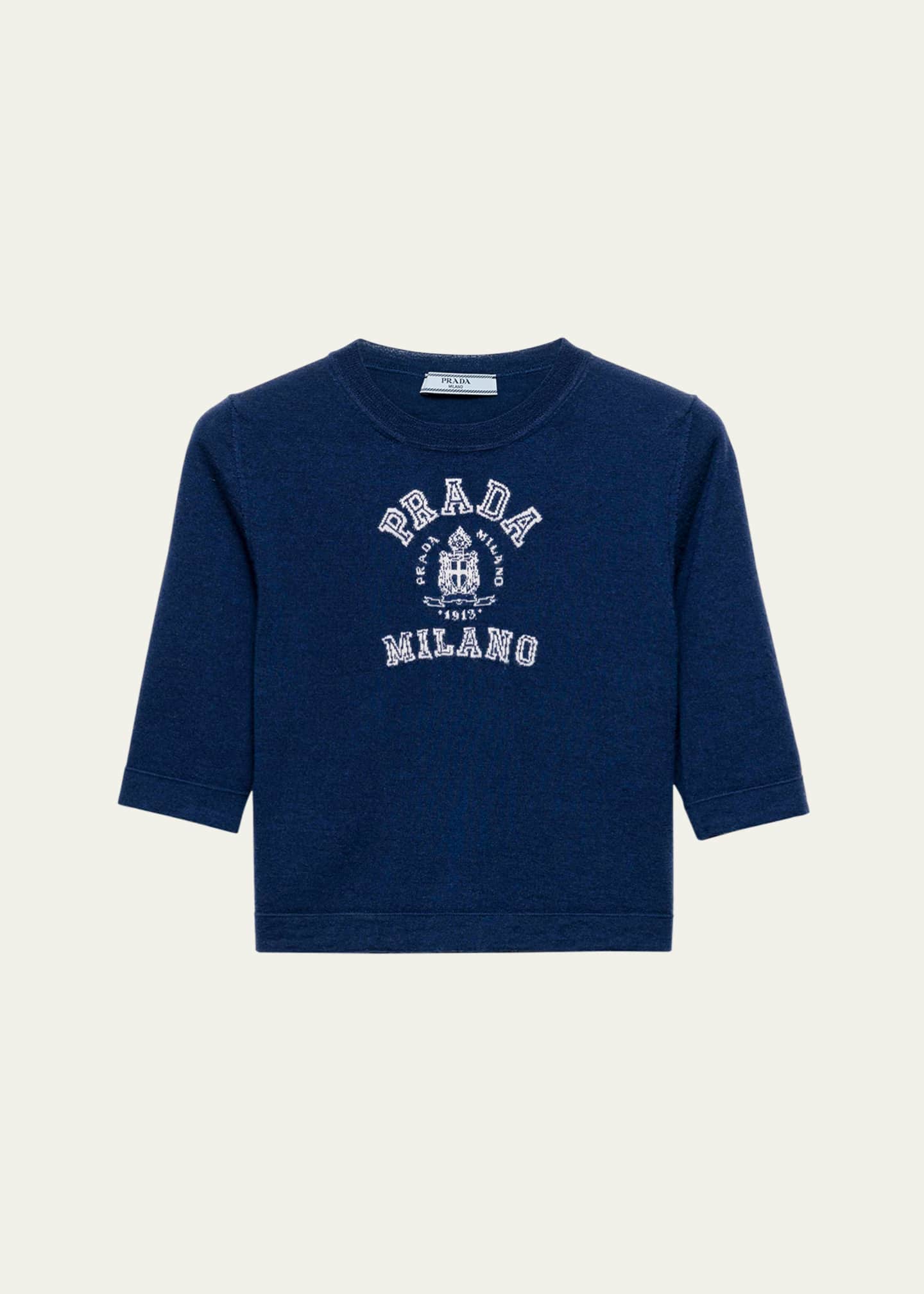 Prada Intarsia Logo Short-Sleeve Cashmere Sweater Image 1 of 5