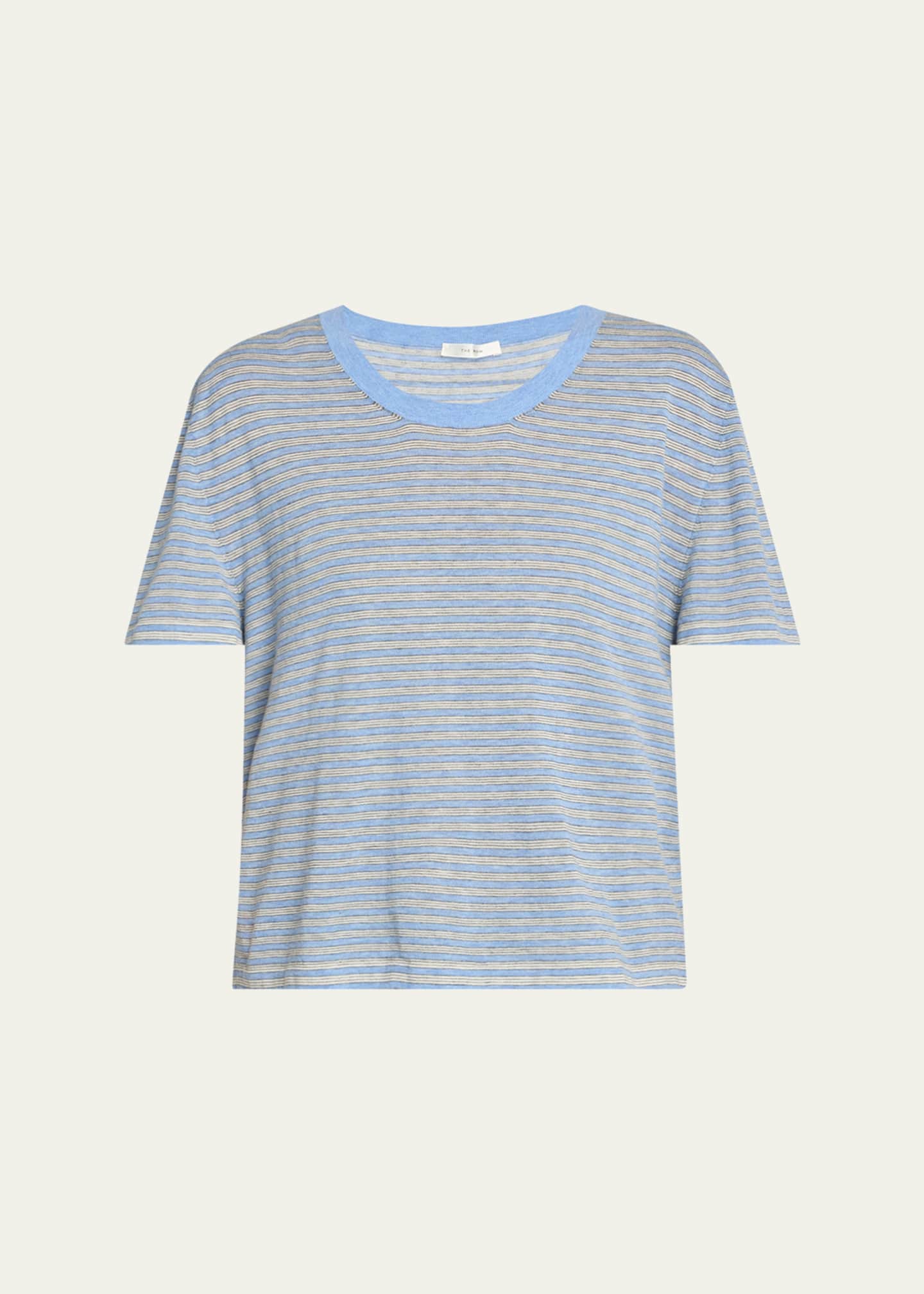 THE ROW Jansu Striped Short-Sleeve Cotton-Cashmere Top Image 1 of 5