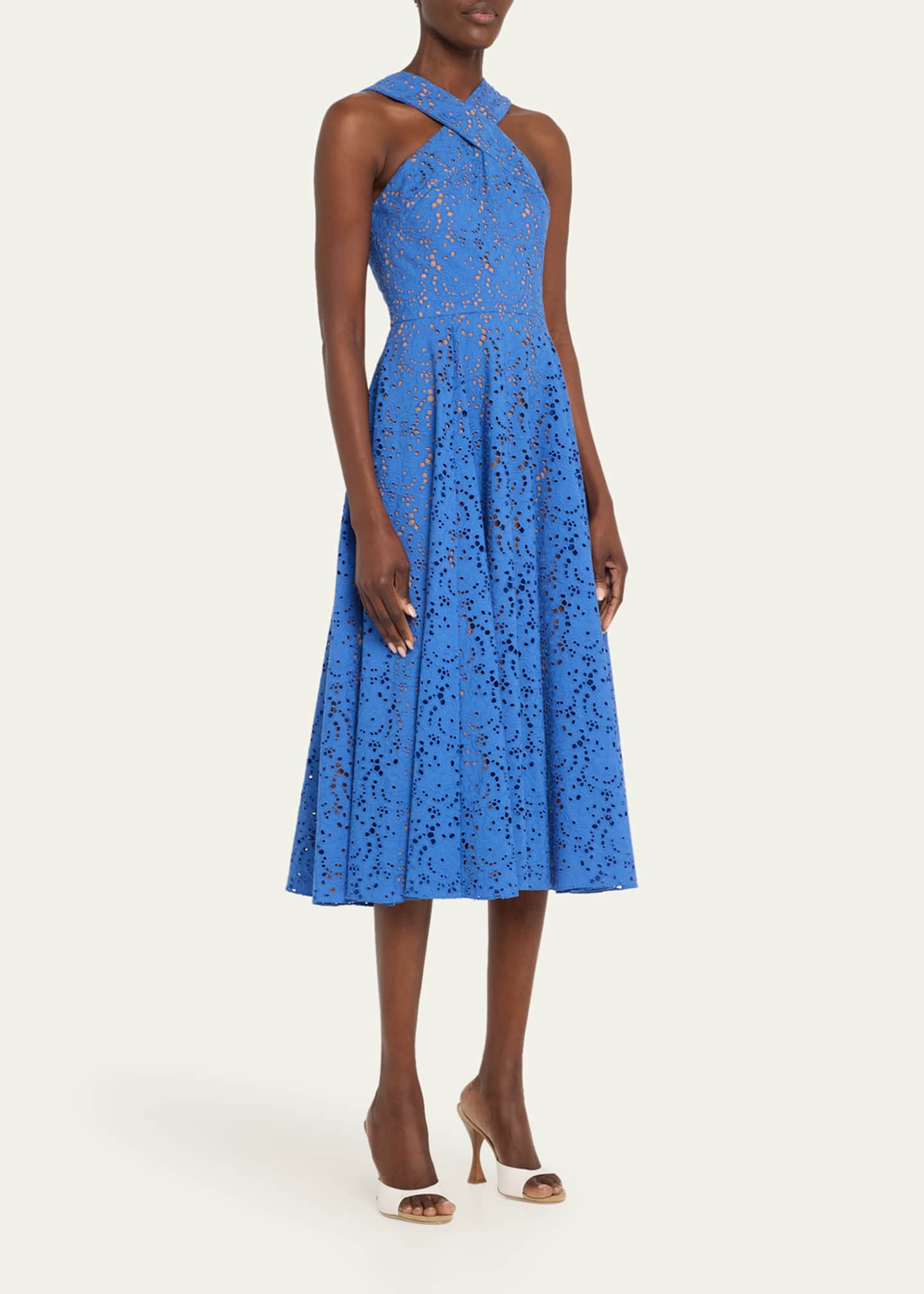 Broderie Anglaise Crossover Halter Midi Dress - Thumbnail 4