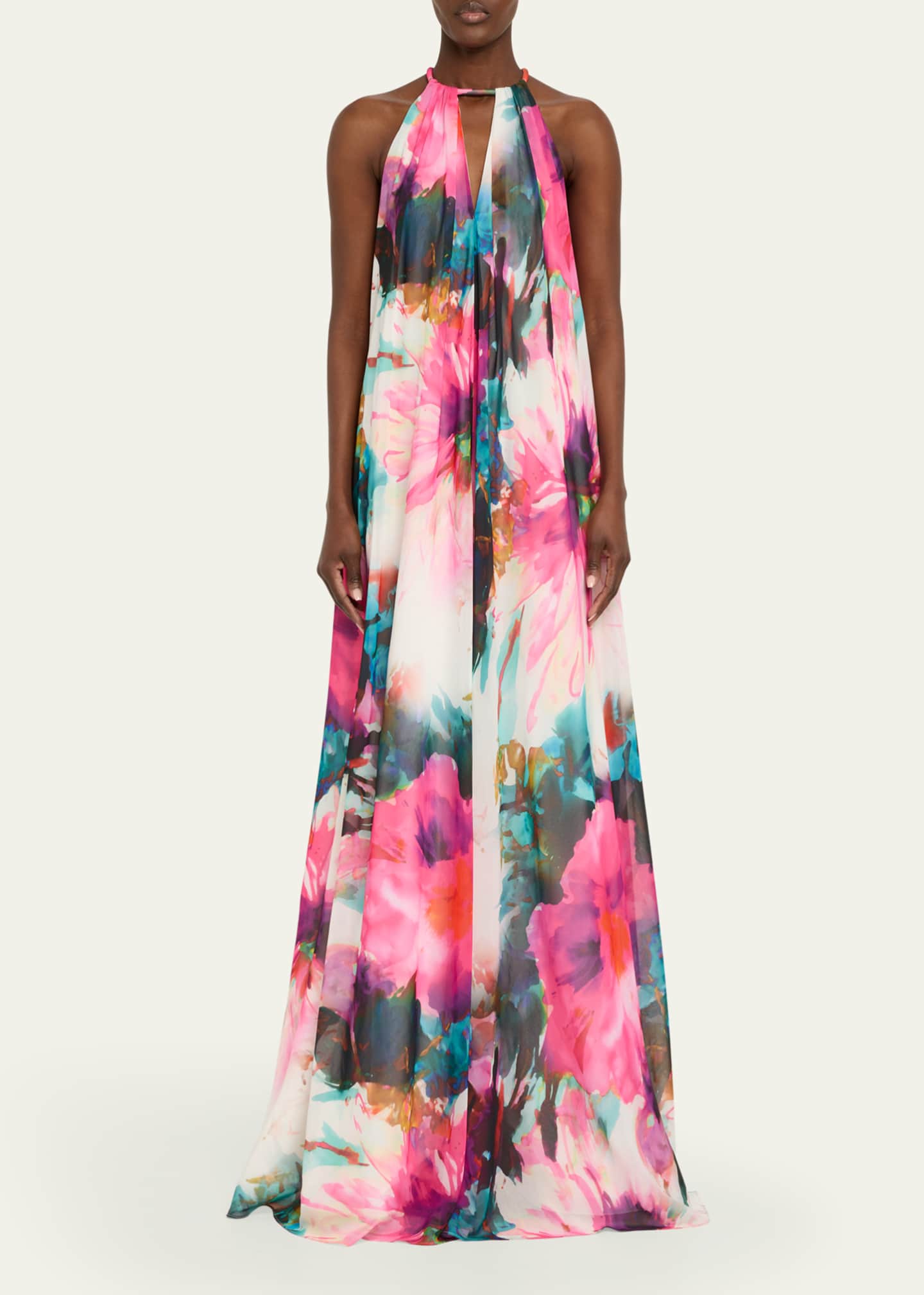 Badgley Mischka Cutout Floral-Print Trapeze Gown Image 2 of 5