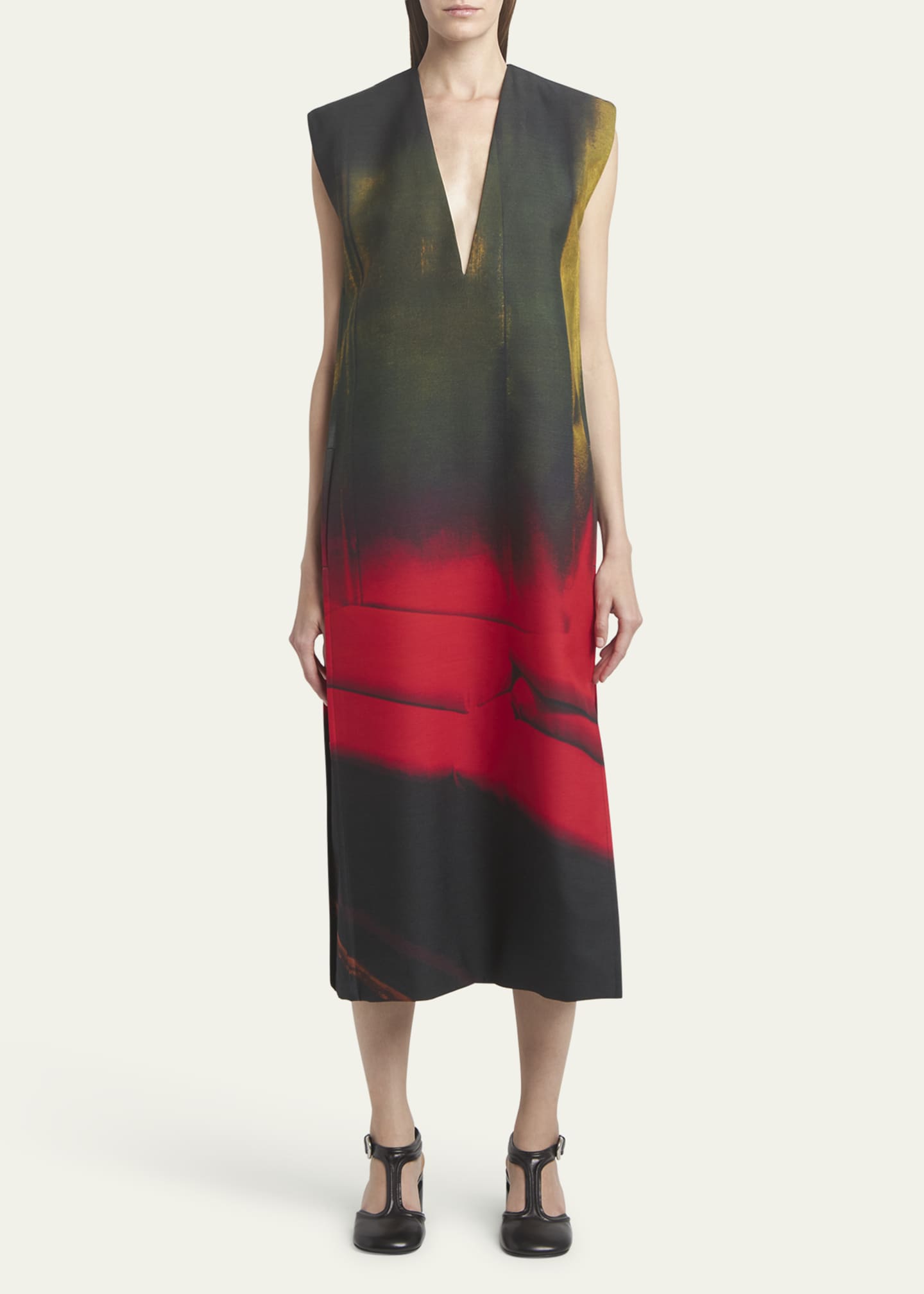 Jil Sander Abstract Deep V-Neck Sleeveless Midi Wool Dress Image 2 of 5