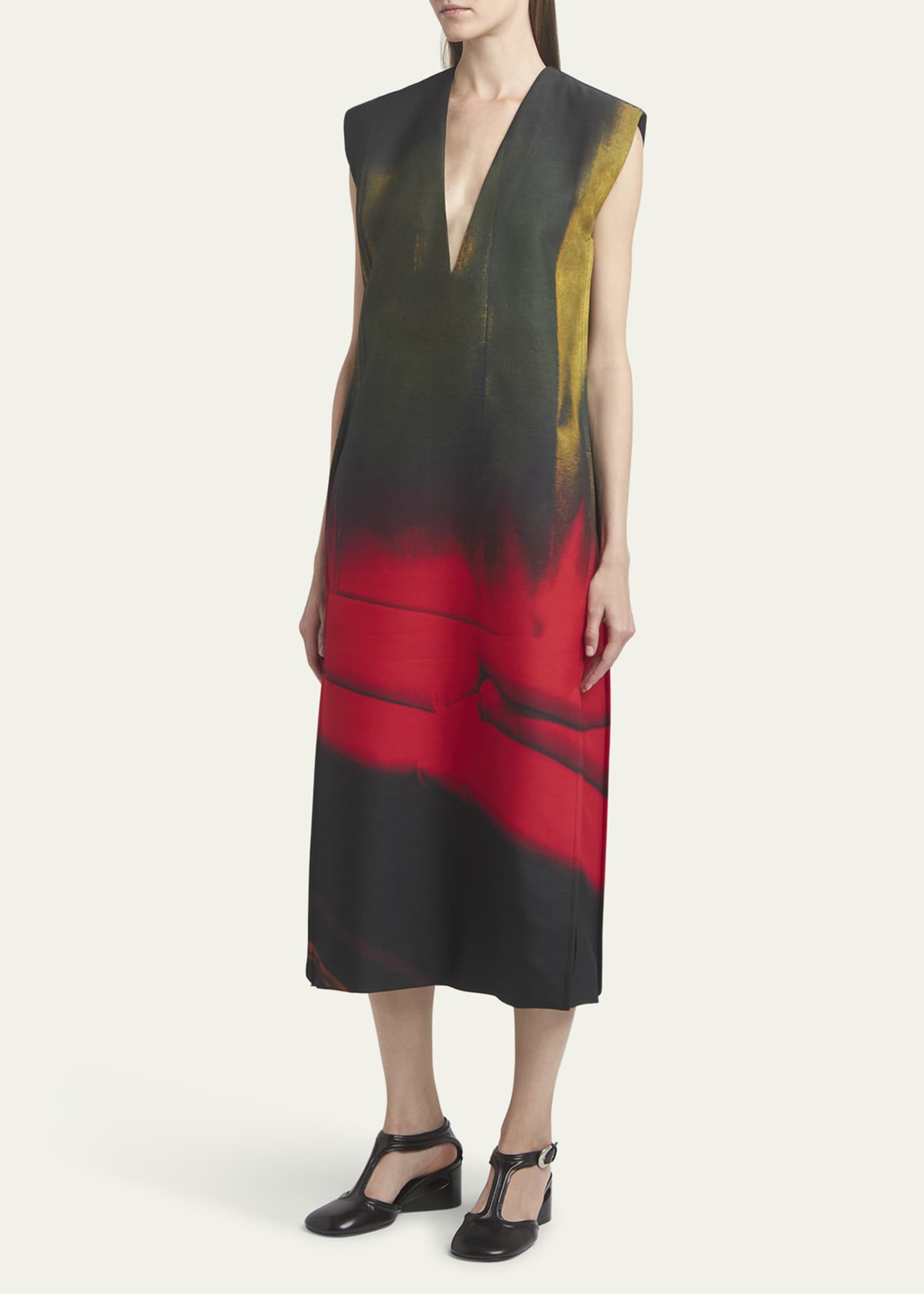 Jil Sander Abstract Deep V-Neck Sleeveless Midi Wool Dress Image 4 of 5