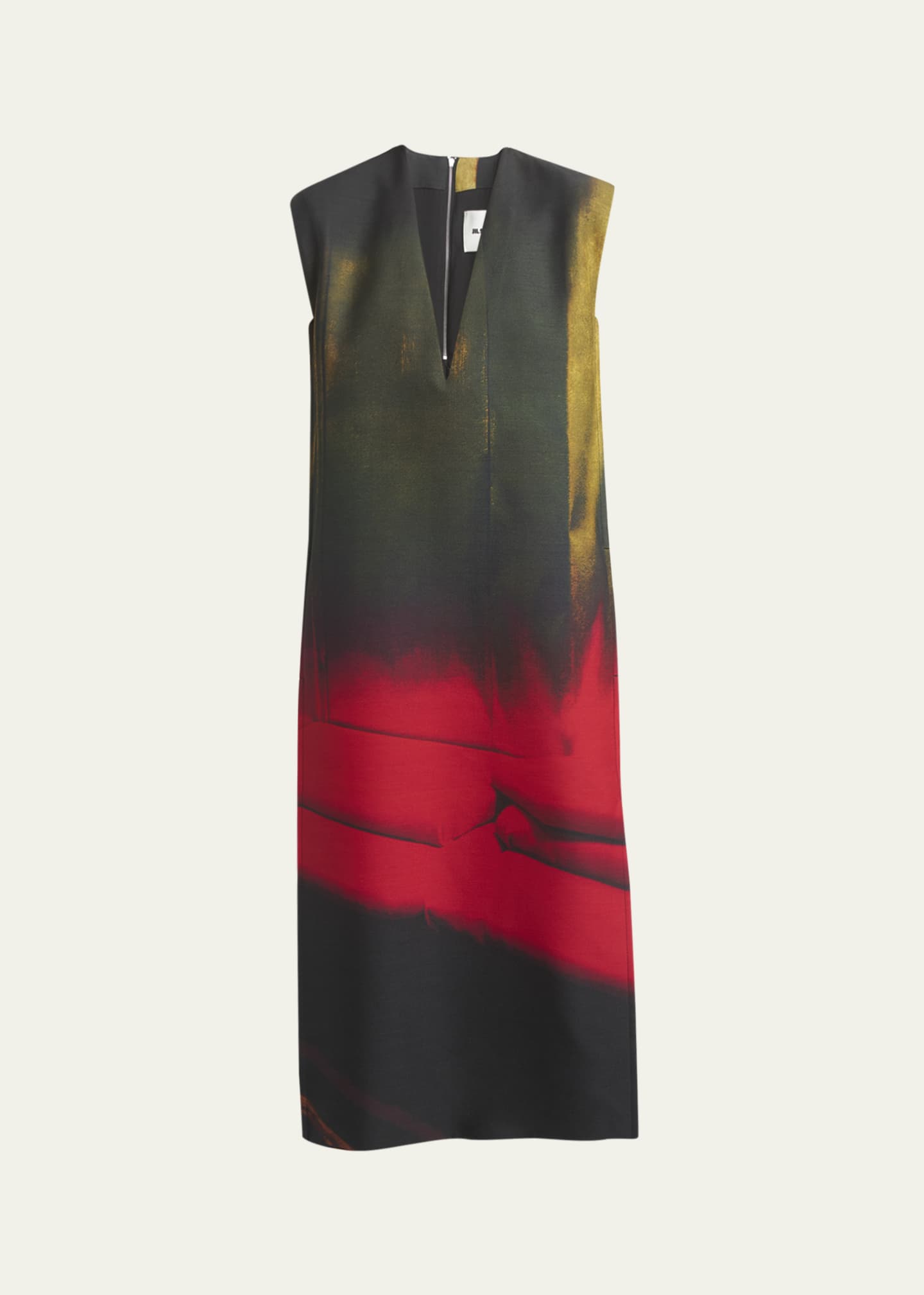 Jil Sander Abstract Deep V-Neck Sleeveless Midi Wool Dress Image 1 of 5
