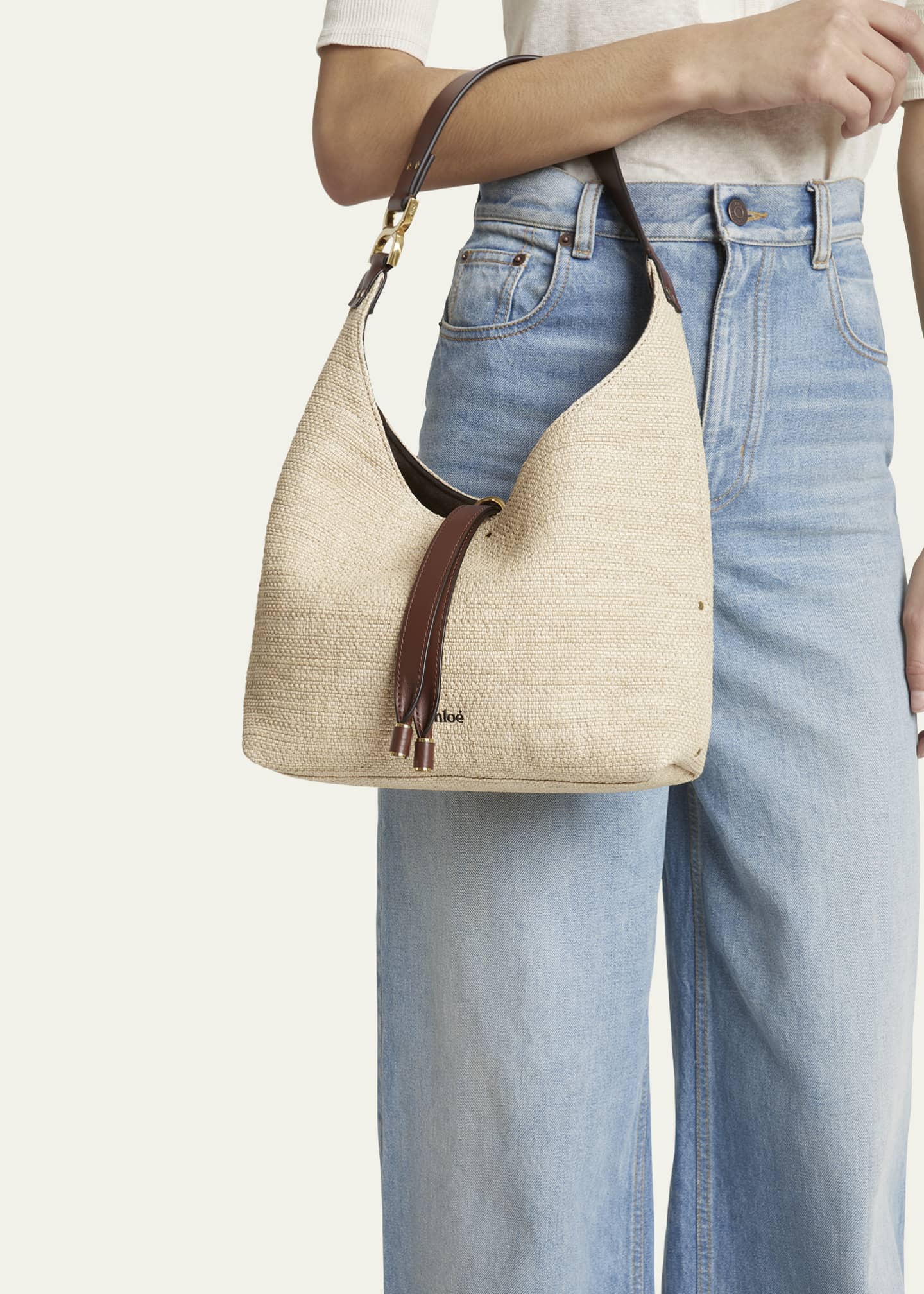 Chloe Marcie Shoulder Bag in Raffia Fabric and Leather Image 2 of 6
