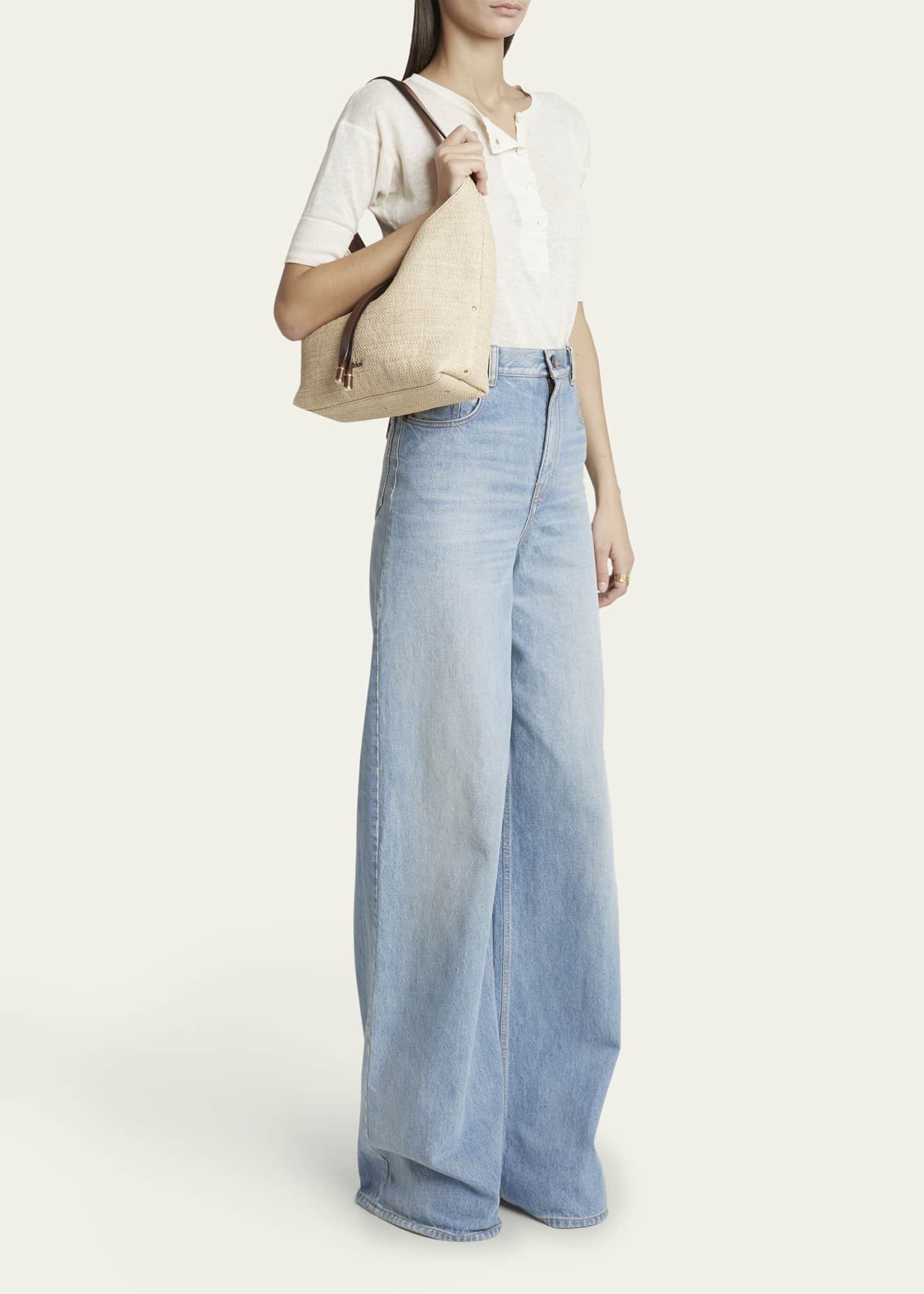 Chloe Marcie Shoulder Bag in Raffia Fabric and Leather Image 5 of 6