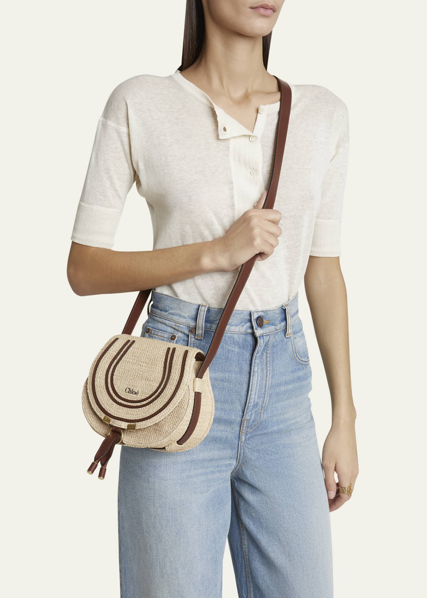 Chloe Marcie Flap Saddle Crossbody Bag in Raffia Fabric and Leather Image 2 of 6