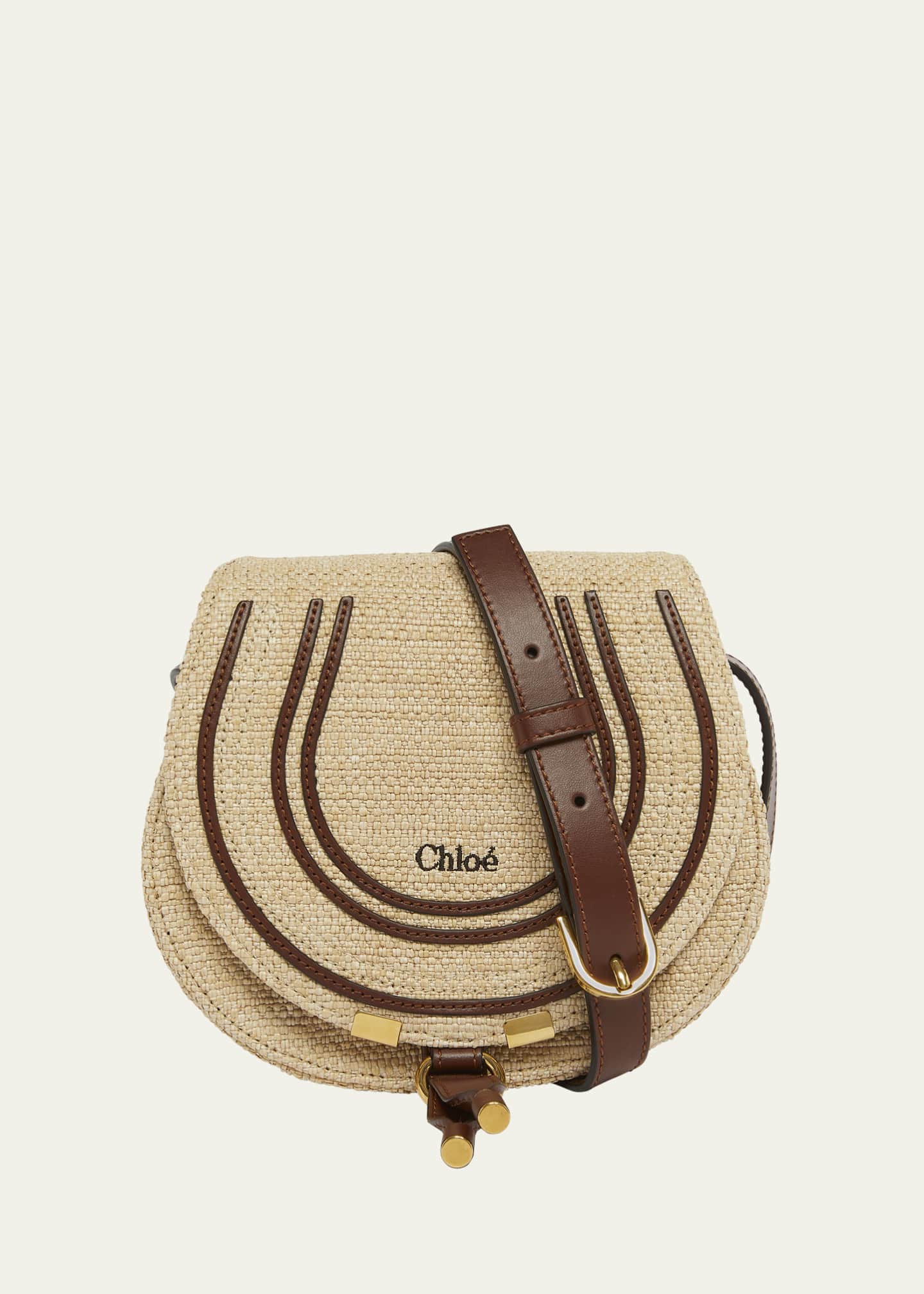 Chloe Marcie Flap Saddle Crossbody Bag in Raffia Fabric and Leather Image 1 of 6
