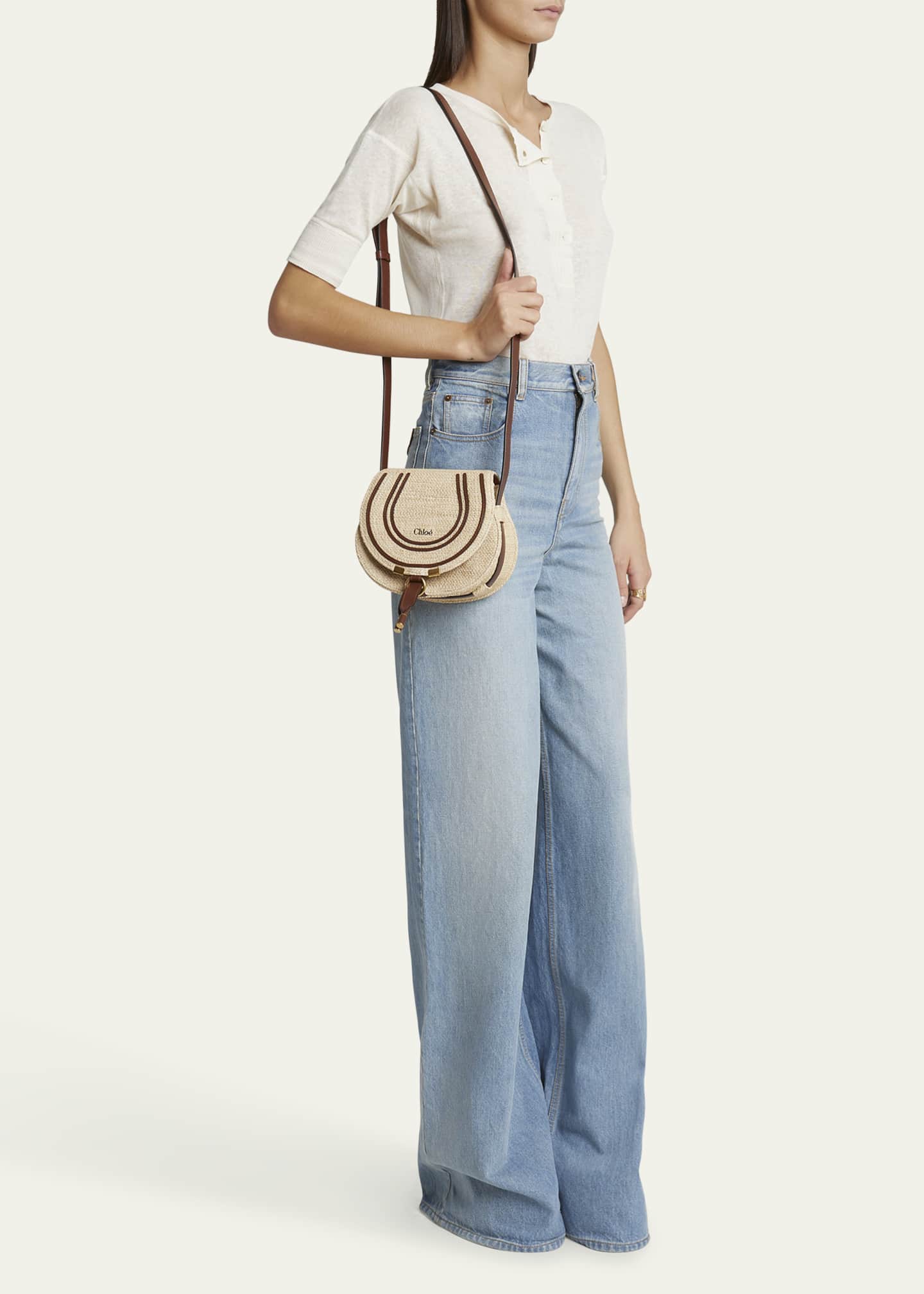 Chloe Marcie Flap Saddle Crossbody Bag in Raffia Fabric and Leather Image 5 of 6
