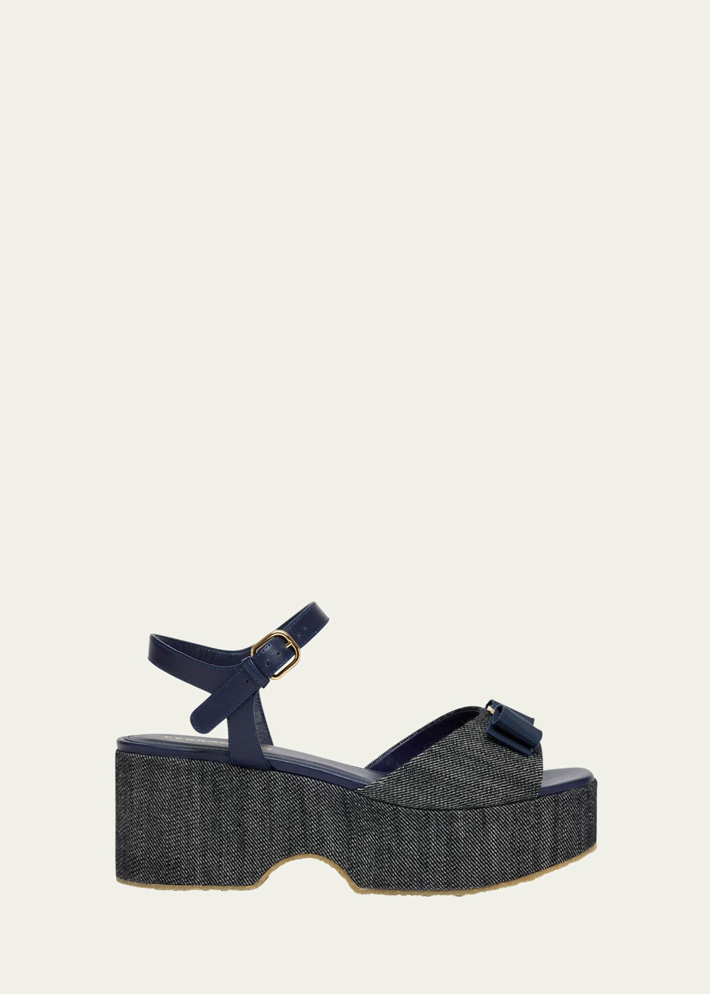 Ferragamo Selna Denim Bow Platform Sandals Image 1 of 4