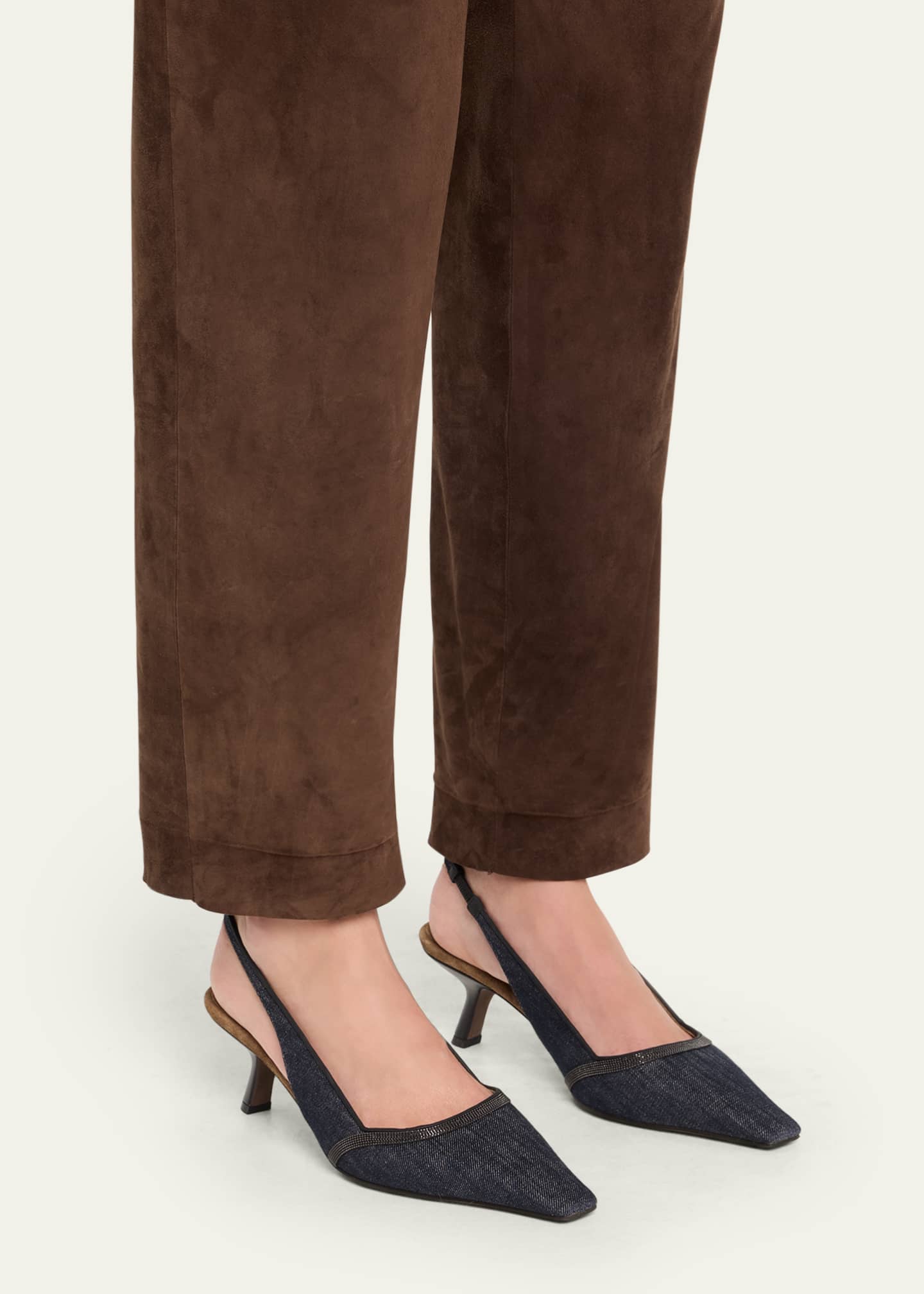 Brunello Cucinelli Denim Pointed-Toe Slingback Pumps with