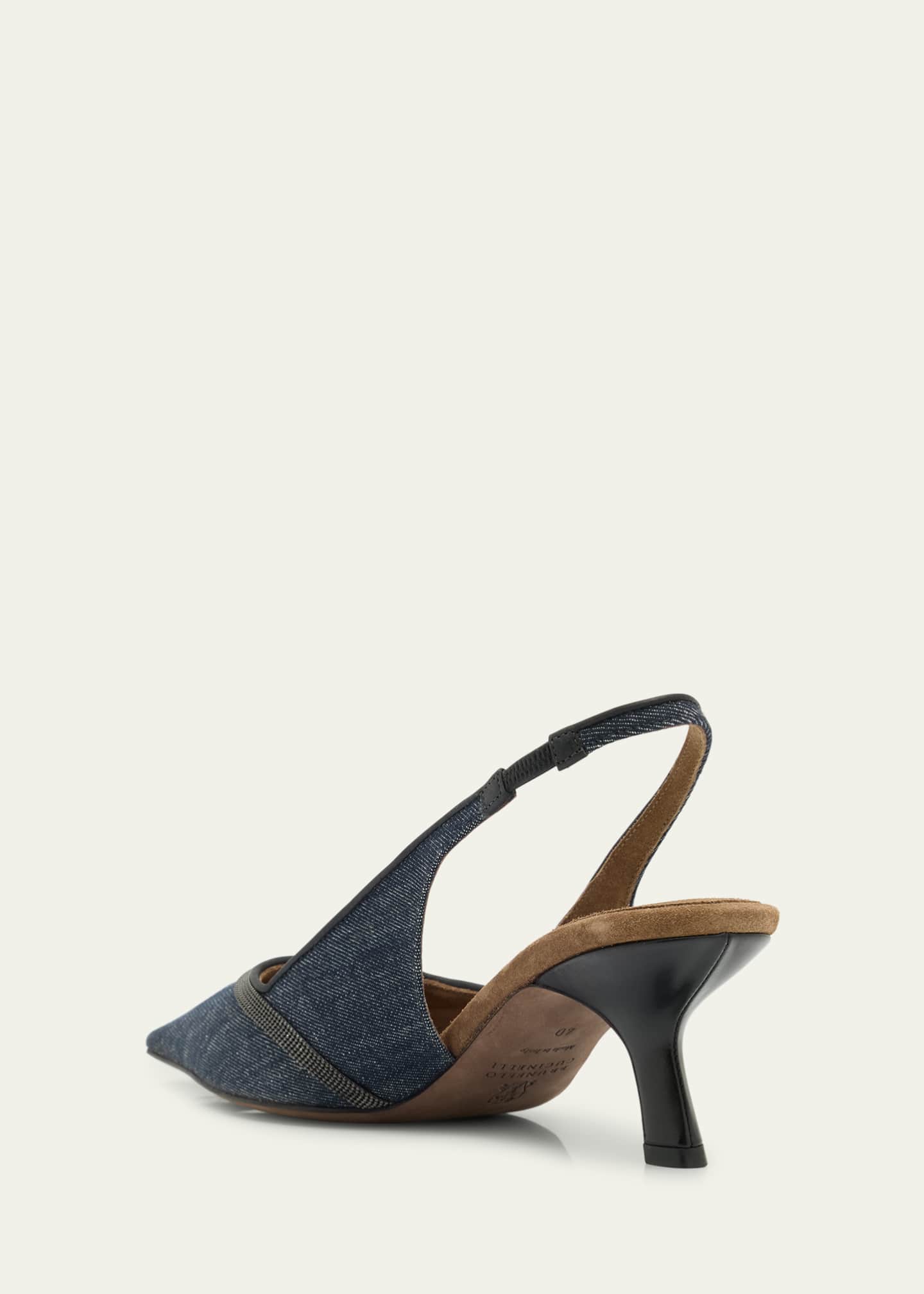 Brunello Cucinelli Denim Pointed-Toe Slingback Pumps with Monili Trim Image 4 of 6