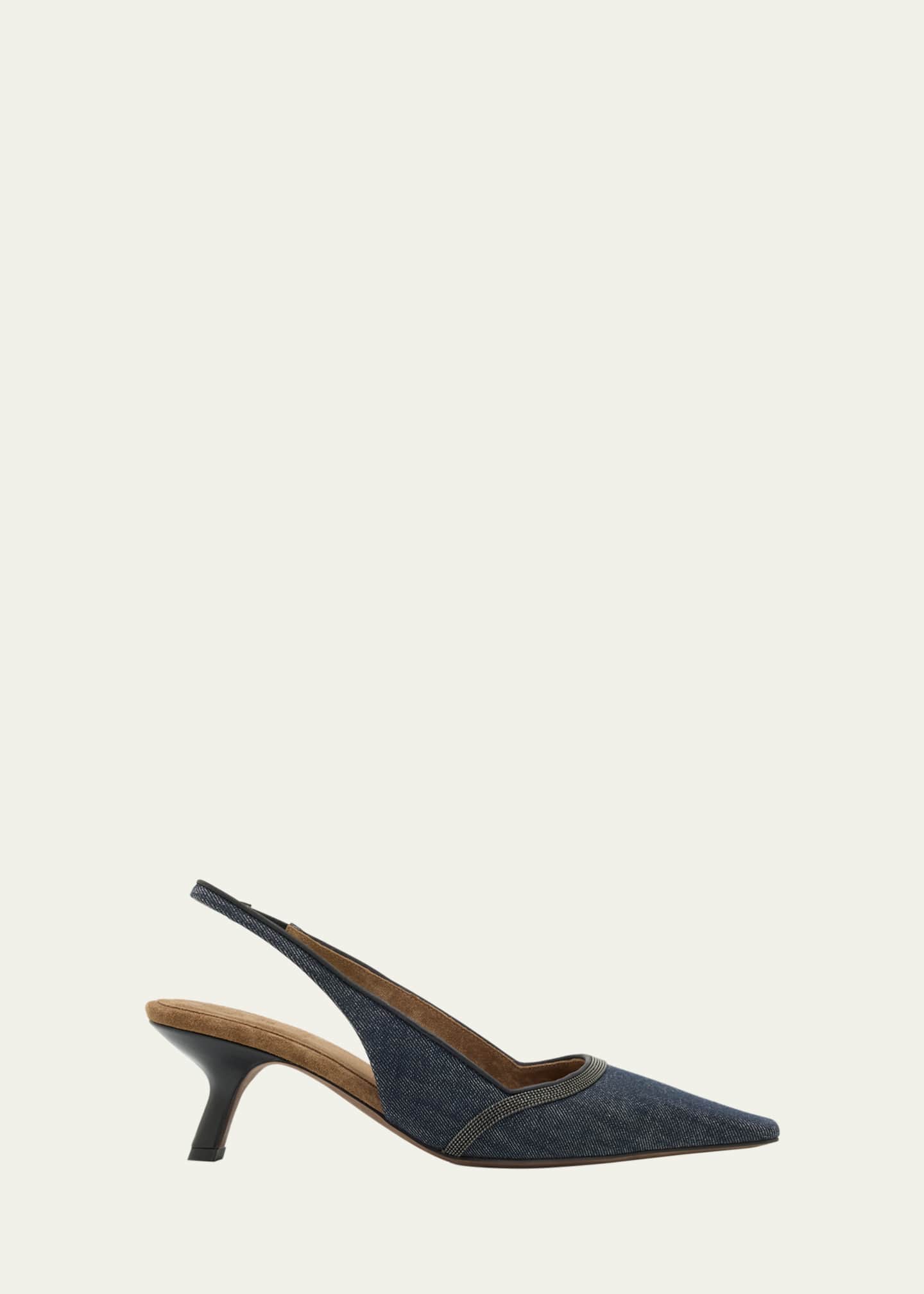 Brunello Cucinelli Denim Pointed-Toe Slingback Pumps with Monili Trim Image 1 of 6