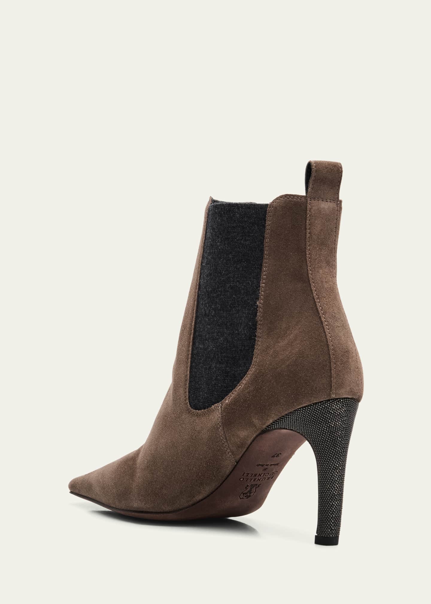 Brunello Cucinelli Suede Monili-Heel Chelsea Booties Image 2 of 4