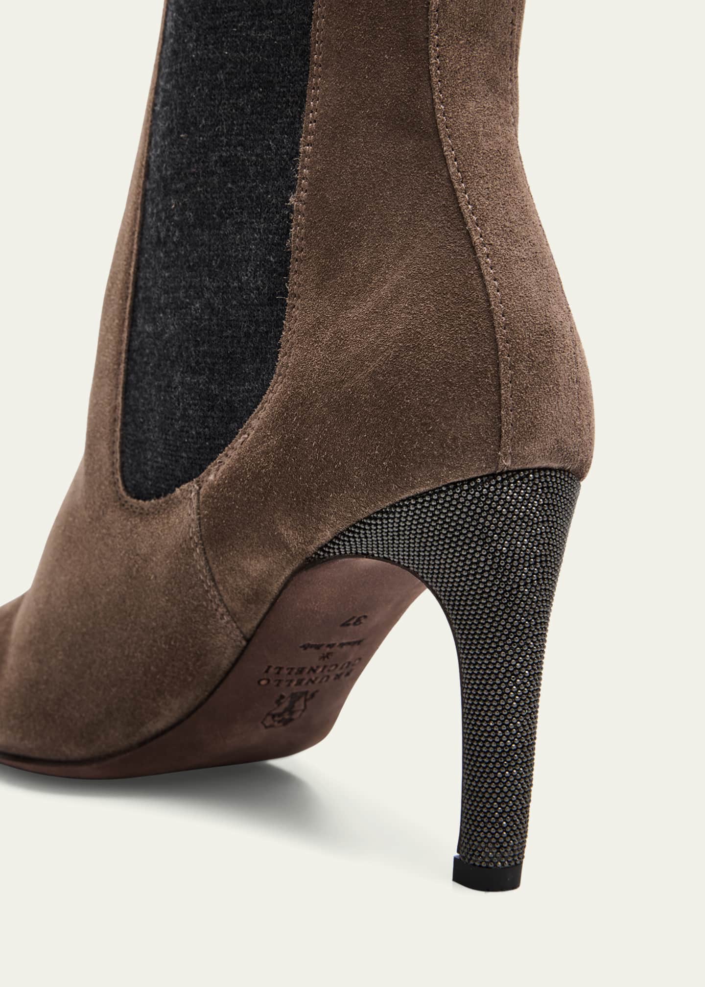 Brunello Cucinelli Suede Monili-Heel Chelsea Booties Image 3 of 4
