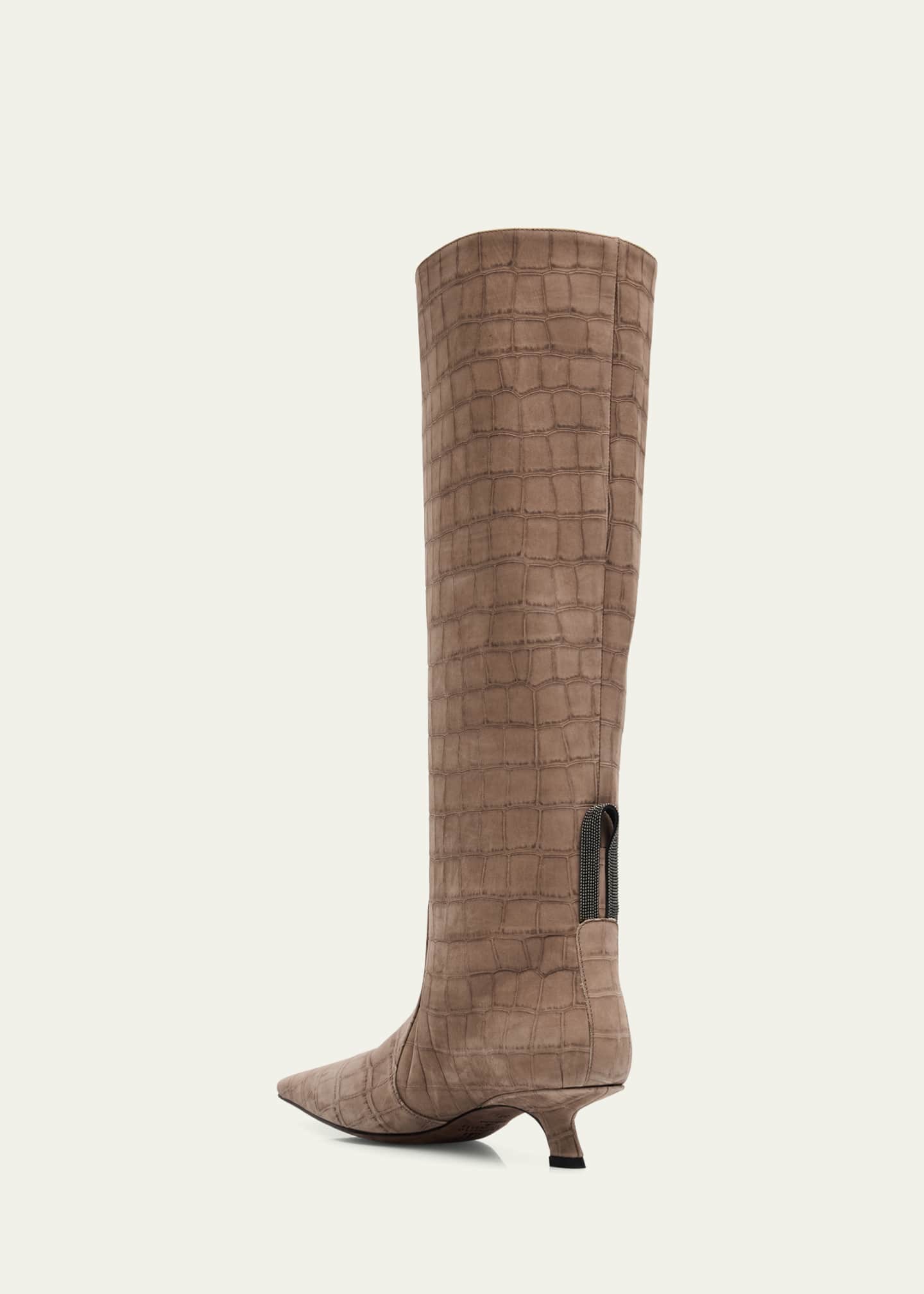 Brunello Cucinelli Croco Suede Comma Heel Knee Boots Image 2 of 4