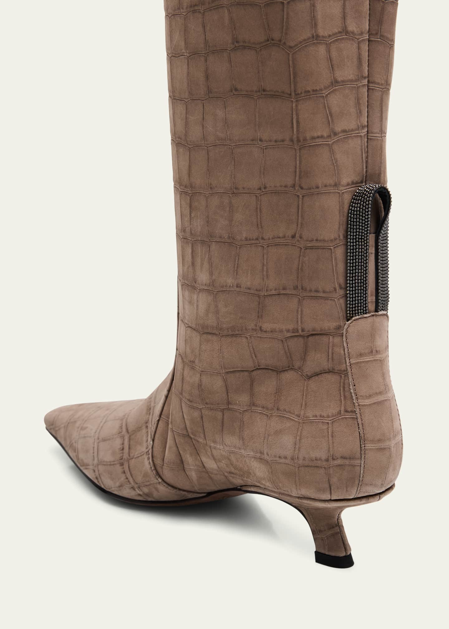 Brunello Cucinelli Croco Suede Comma Heel Knee Boots Image 3 of 4