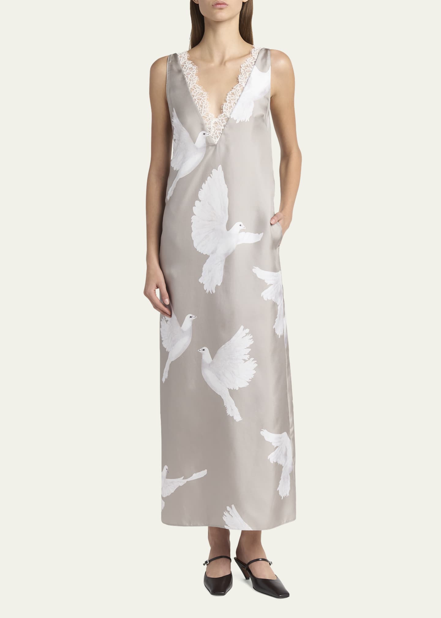 Stella McCartney Dove Print Lace Trim Silk Slip Dress Image 2 of 5